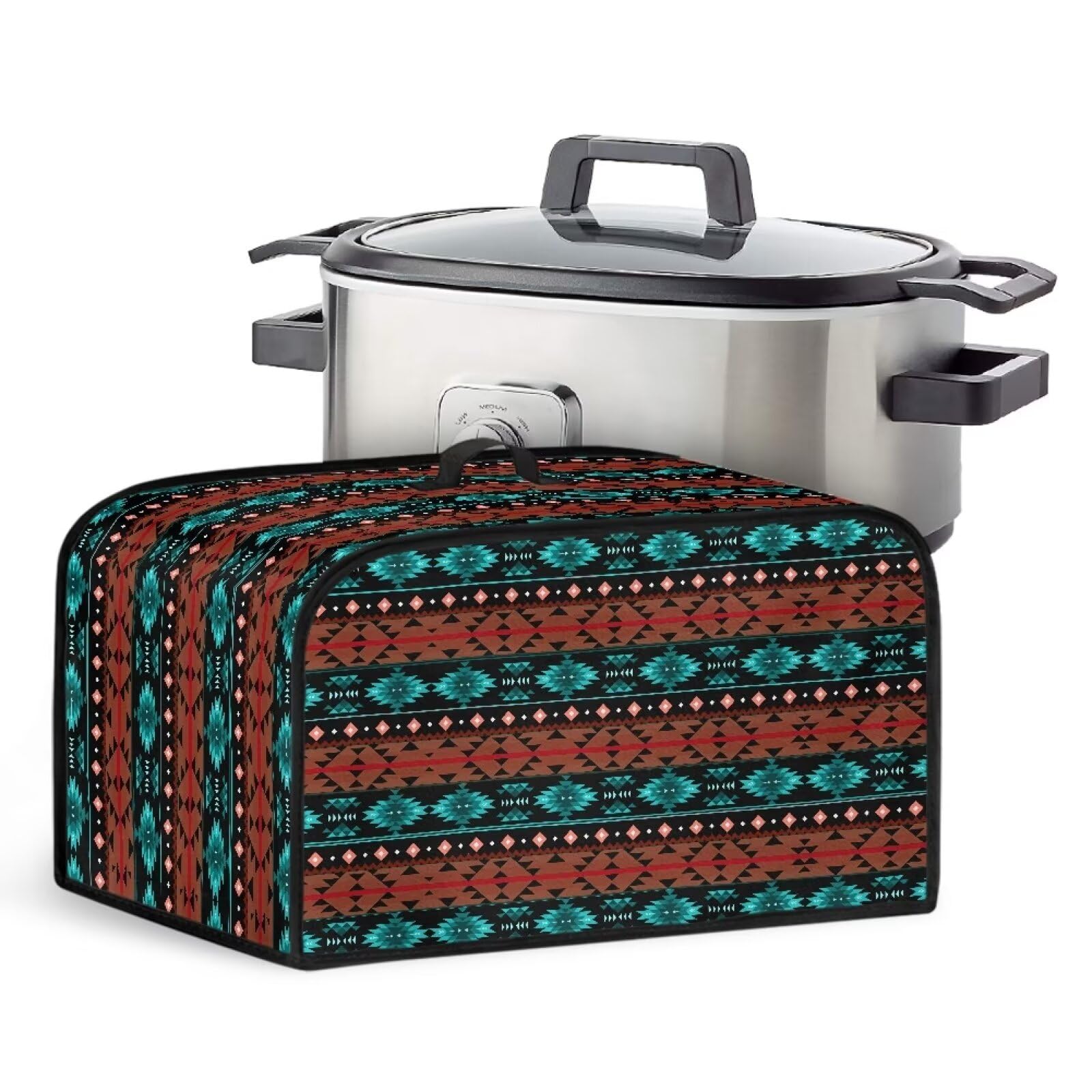 Mintulipy Aztec Tribal Stripes Slow Cooker Cover for Kitchen Appliances Top Handle and Storage Pockets Dust Covers for Kitchen Appliances