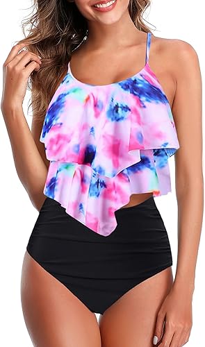 Miniatura 26 de Trajes de baño tipo tankini para mujer, parte superior con volantes y control de abdomen, diseño floral modesto, bikini de talle alto Rosa encendido