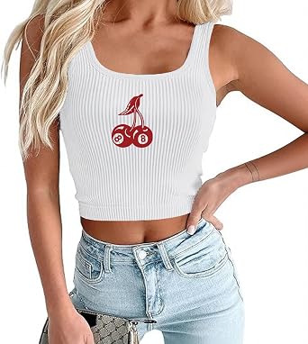 Cherry Graphic Tank Tops for Women Y2k Ribbed Cropped Shirts Slim Fit Sleeveless 8 Ball Tees Summer Casual Crop Top