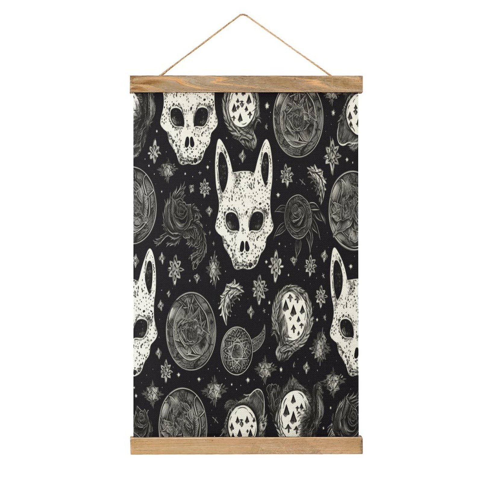 VstaDank Skull Cat Moon Gothic Hanging Poster with Wooden Frame Modern Linen Hanging Painting Retro Style Wall Decor Art Painting for Living Room,Bedroom Decor Poster Frame 20.4x13.1inch