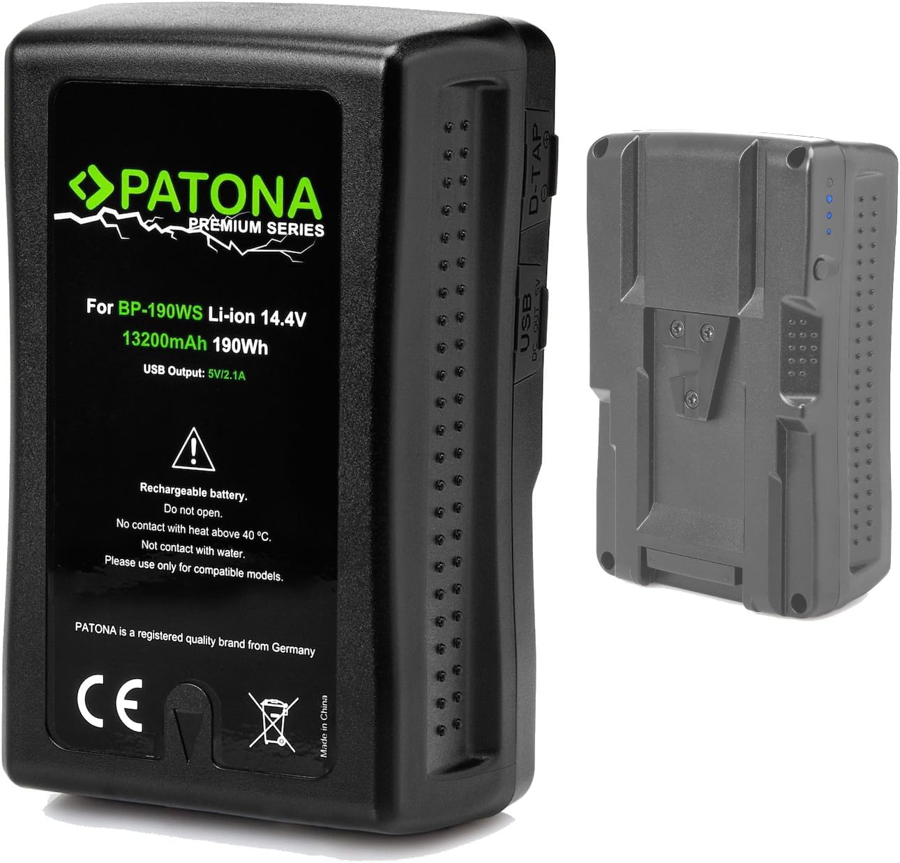 PATONA Premium Batteria V-Mount 190Wh (14,4V 13200mAh) – sostituisce Sony BP-190WS BP-GL95 BP-GL65 – con D-Tap e uscita USB, indicatore LED – per camcorder broadcast, URSA e luci video