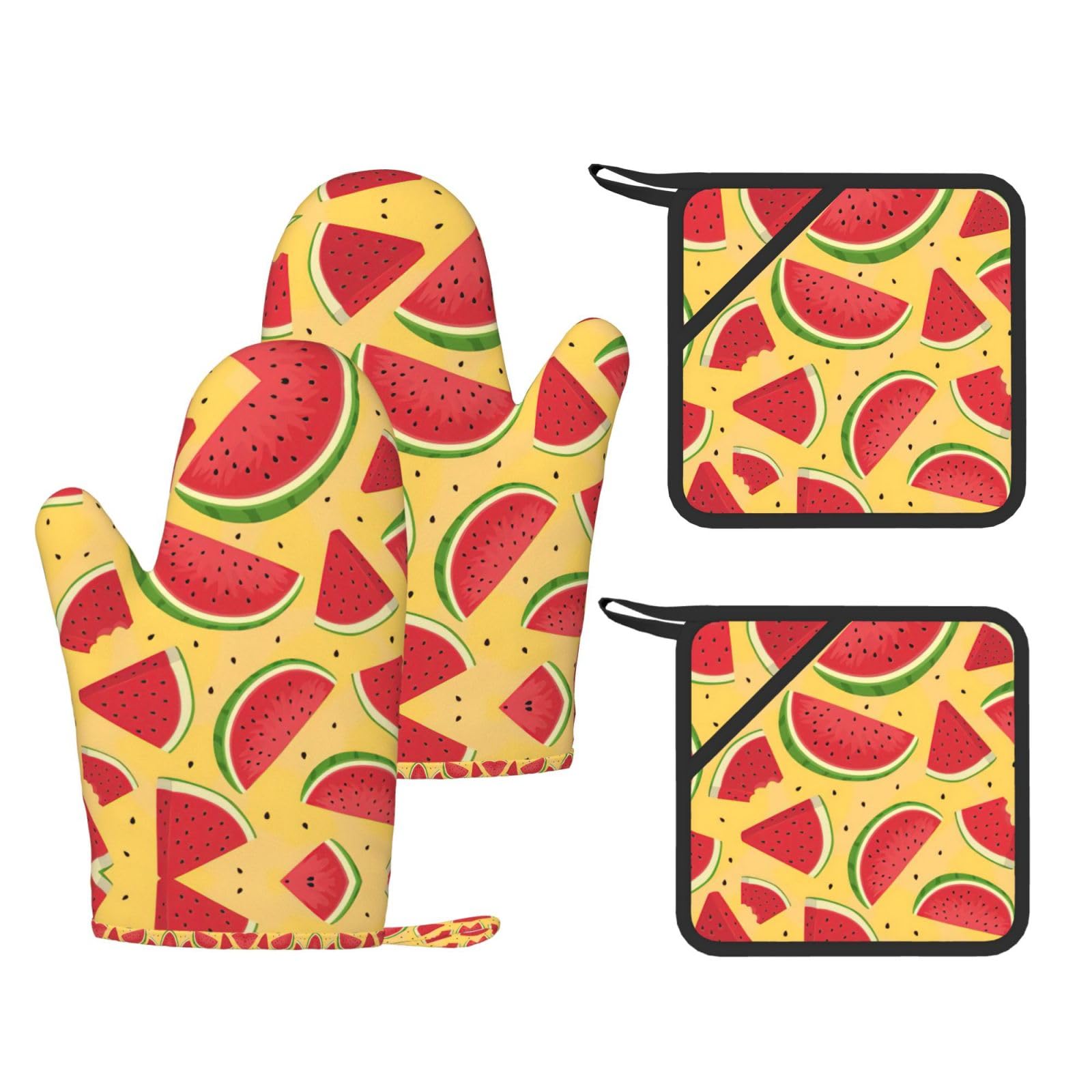 Yellow and Watermelons Printed Oven Gloves and Hot Pads Set of 4, High Heat Resistant Silicone Mitts for Cooking BBQ