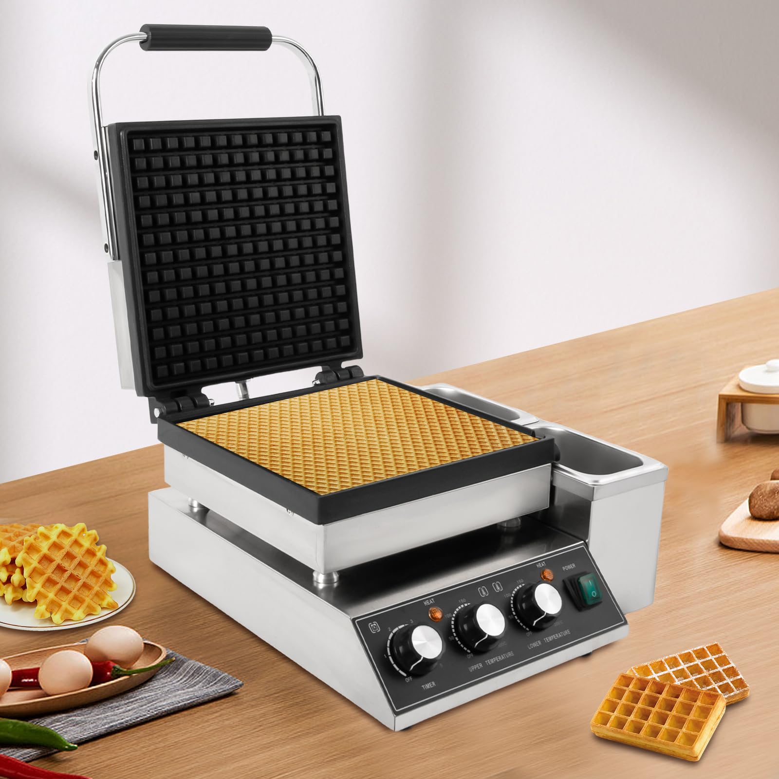 Commercial Waffle Maker Nonstick Rectangle Stainless Steel Electric Waffle Machine Temperature and Time Control with Oil Spill Chute for Bakery Restaurant Household or Snack Bar 2200W 110V (G)