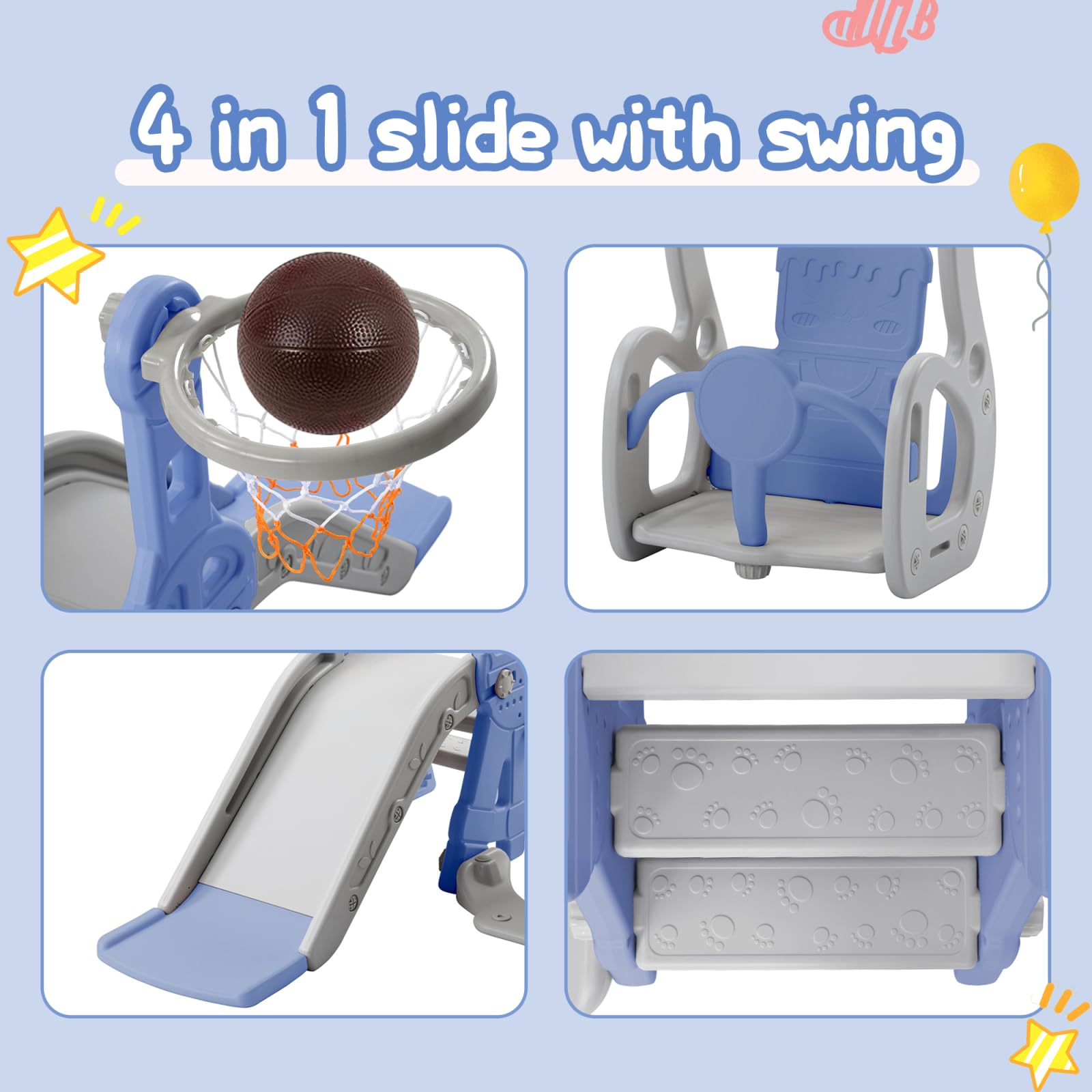 Toboga per Bambini 4 in 1, Altalena, Set di Toboga per Bambini con Scale, Altalena, Toboga e Supporto per Pallacanestro, Blu