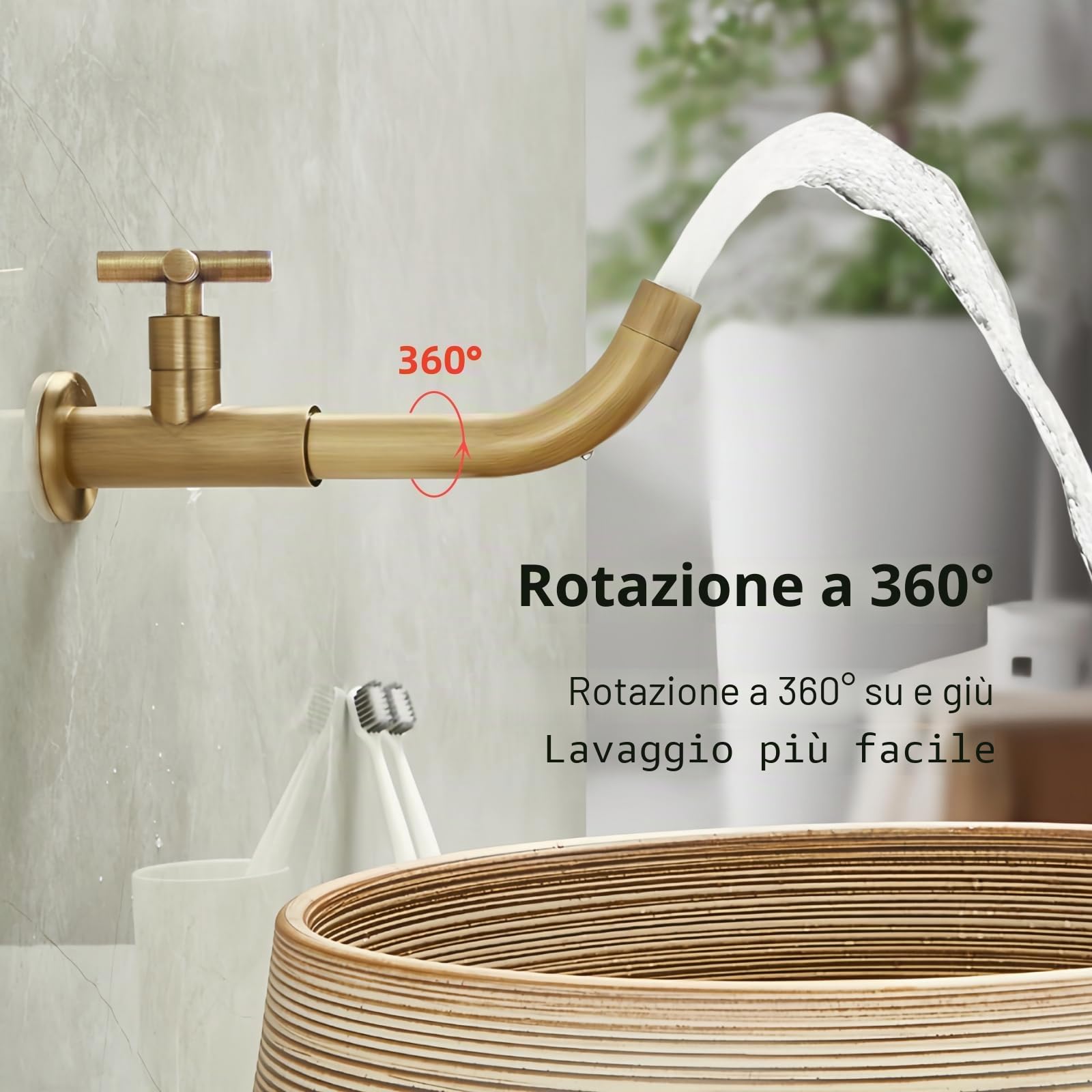 Rubinetto a Parete Acqua Fredda in Ottone Anticato, 23CM | Retrò rubinetto monocomando lavello a muro lungo, girevole a 360°, cartuccia ceramica, per giardino, esterno, bagno, cucina