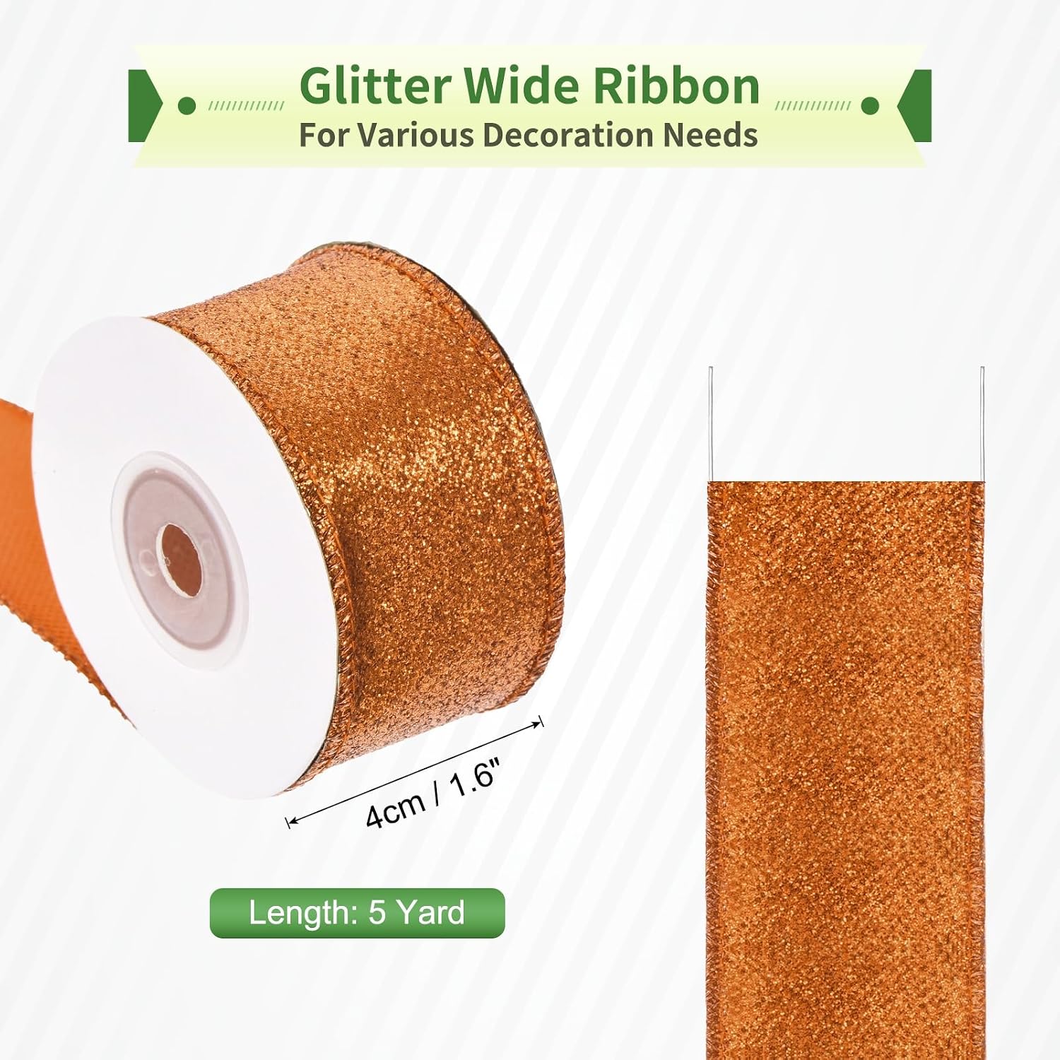 MECCANIXITY 1.6 Inch Glitter Wired Ribbon, Orange Sparkly Iridescent Ribbon 5 Yard for Christmas Tree Wreath Decoration Gift Wrapping, with Metallic Edge image 2