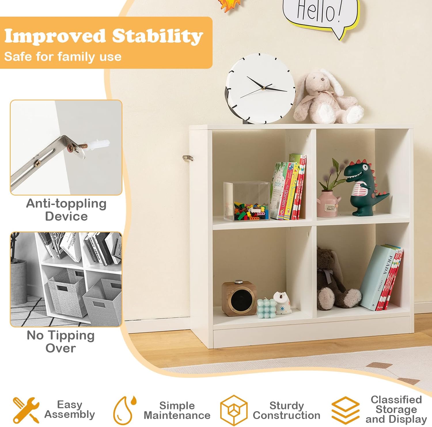 Costzon Toy Organizers and Storage, Wooden White 4-Cube Kids Bookcase for Books Toys Display Organization, Toddler Bookshelf for Bedroom, Living Room, Nursery, Playroom