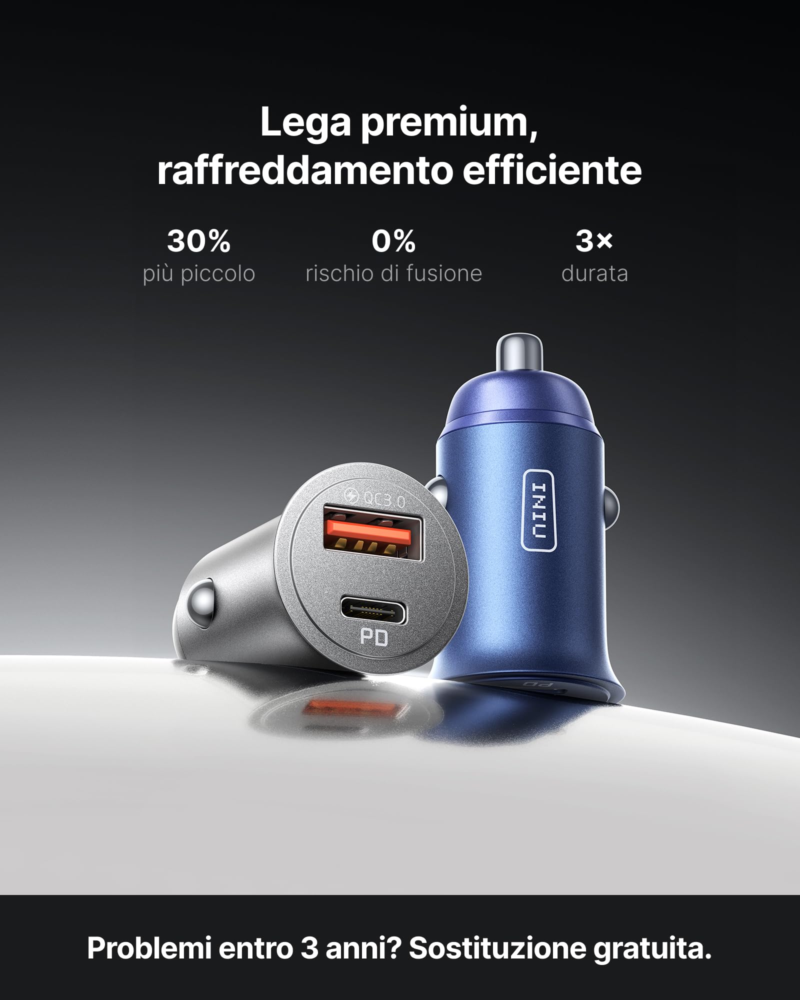 INIU Caricatore Auto USB C, 60W Combinati [Type C 30W + USB A 30W], Nero — immagine 6 di 16