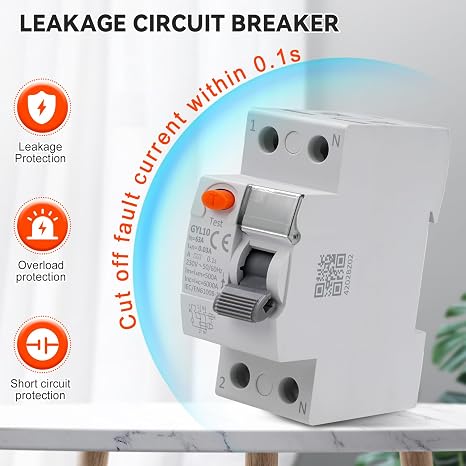 Jadeshay Type A Differential Circuit Breaker 63A 30mA RCCB Magnetothermal Differential Switch Residual Current Circuit Breaker with Leakage Protection, Overloads and Short Circuits GYL10 2P AC230V