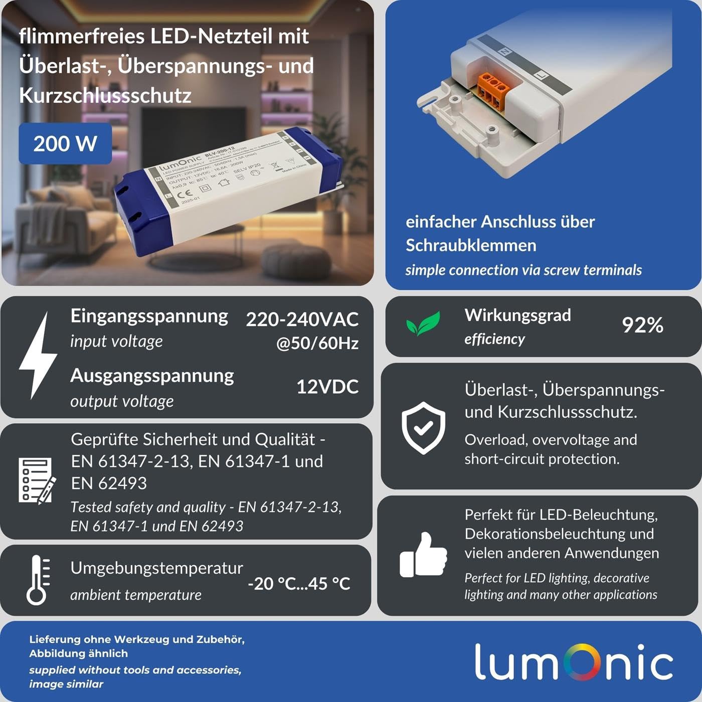 Lumonic I Transformateur LED BLV-200-12 I 12V 200W I Input 220-230VAC I sans Scintillement I Protection Contre Les surcharges I Bloc d'alimentation LED I pour l'éclairage LED