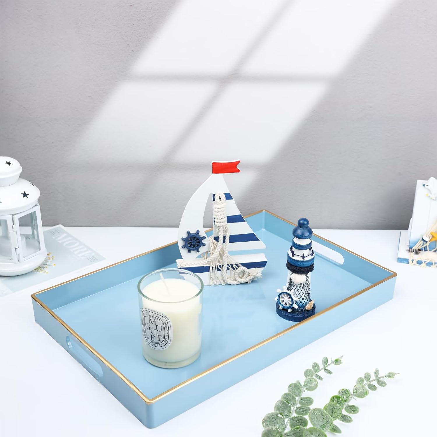 Spsyrine Blue Decorative Serving Tray with Handles, Elegant Plastic Coffee Table Tray for Ottoman, Living Room, Home Decor 15.6" X 10.2" Light Blue - Image 2