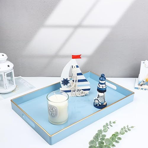 Miniatura 2 de Spsyrine Bandeja decorativa azul con asas, elegante bandeja de plástico para mesa auxiliar otomana, sala de estar, decoración del hogar, 15.6 x 10.2