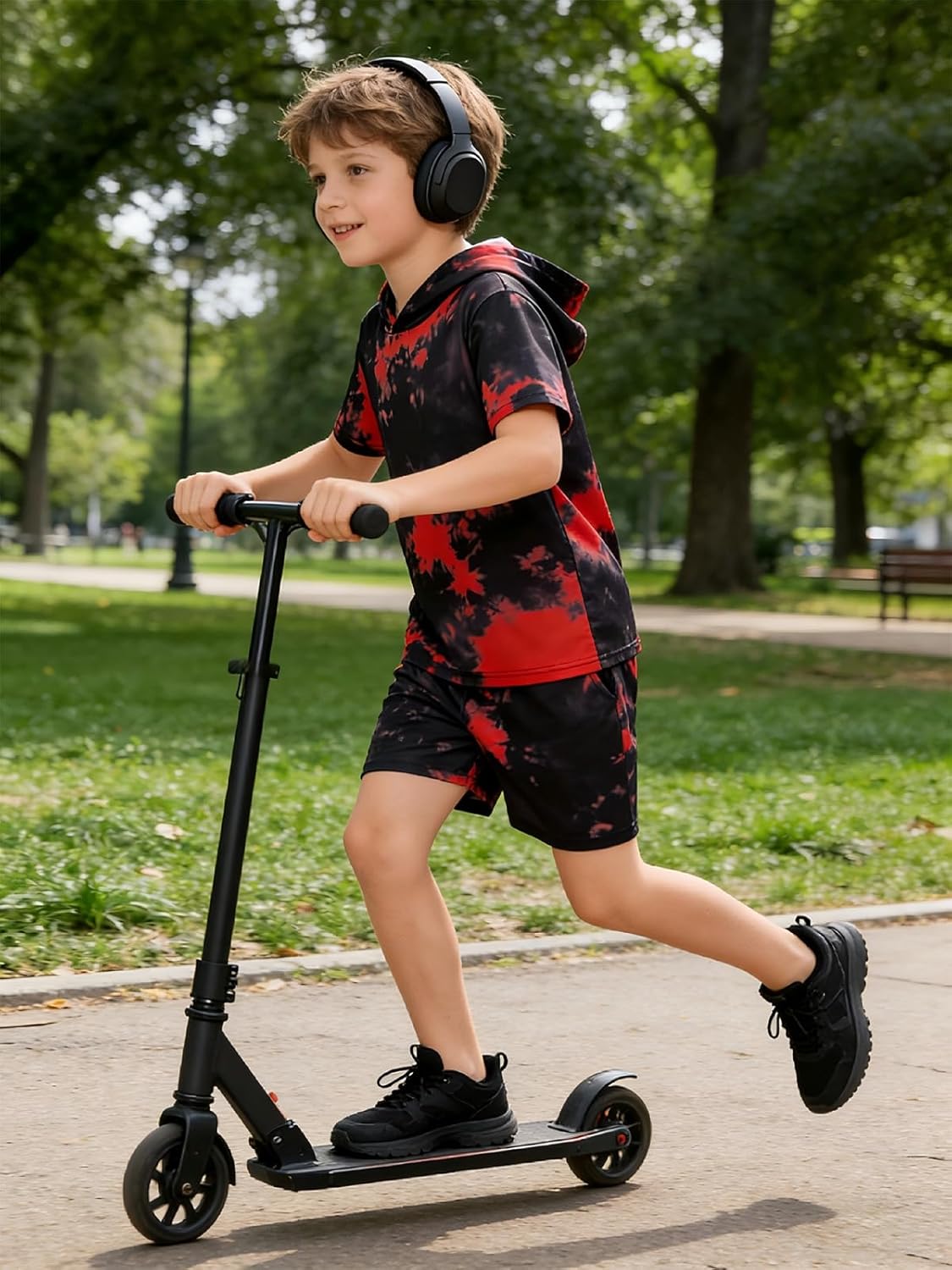 Boys 2 Piece Outfits Tie-Dye Hooded Short Sleeve T-Shirt and Shorts Set Summer Clothes for Kids 6-13 Years - Image 5