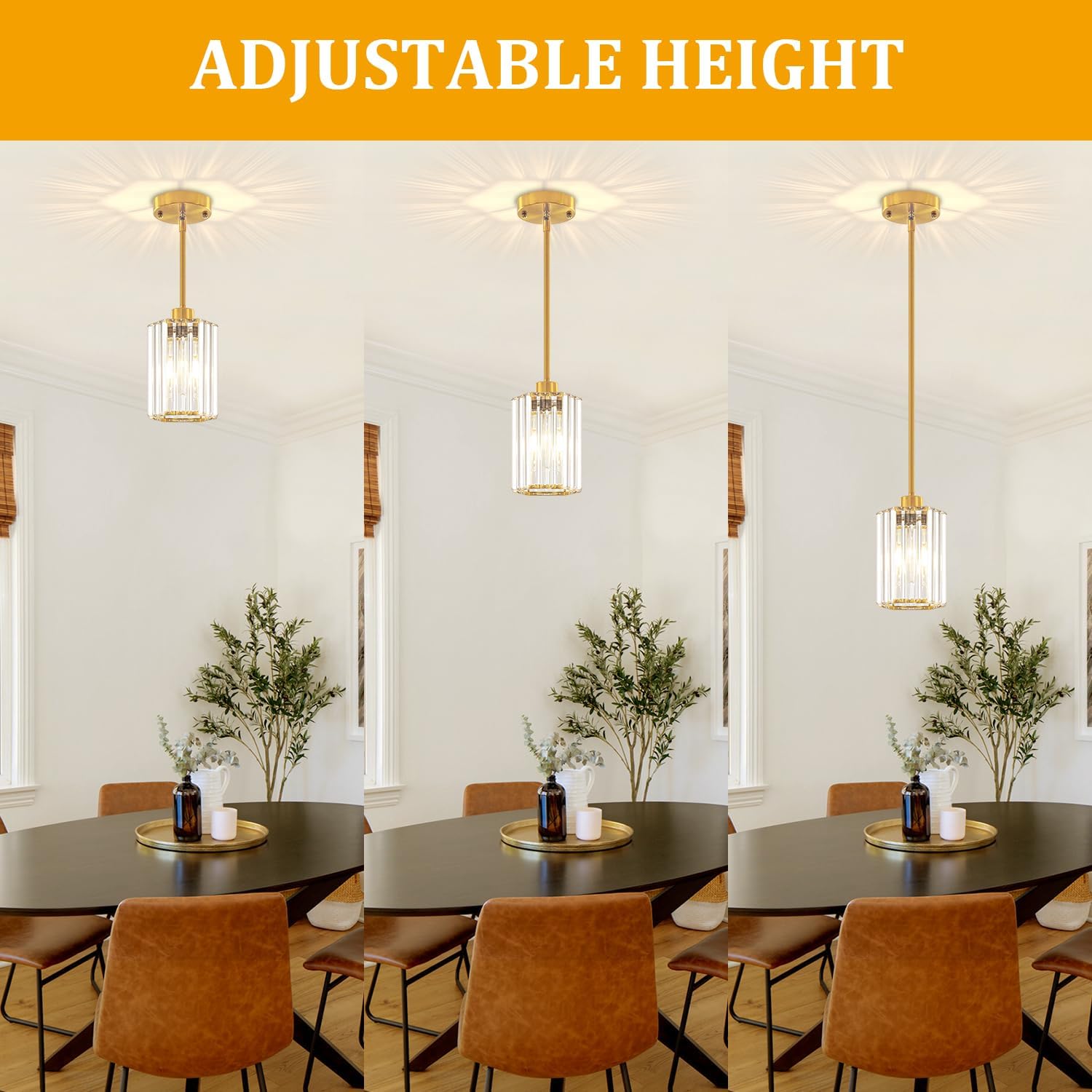 3-Pack Brushed Gold Pendant Lights Kitchen Island Modern Crystal Hanging Pendant Light Hexagonal Mini Chandelier Adjustable Hanging Kitchen Lights for Dining Room Hallway Bedroom Entryway Pendant Lamp