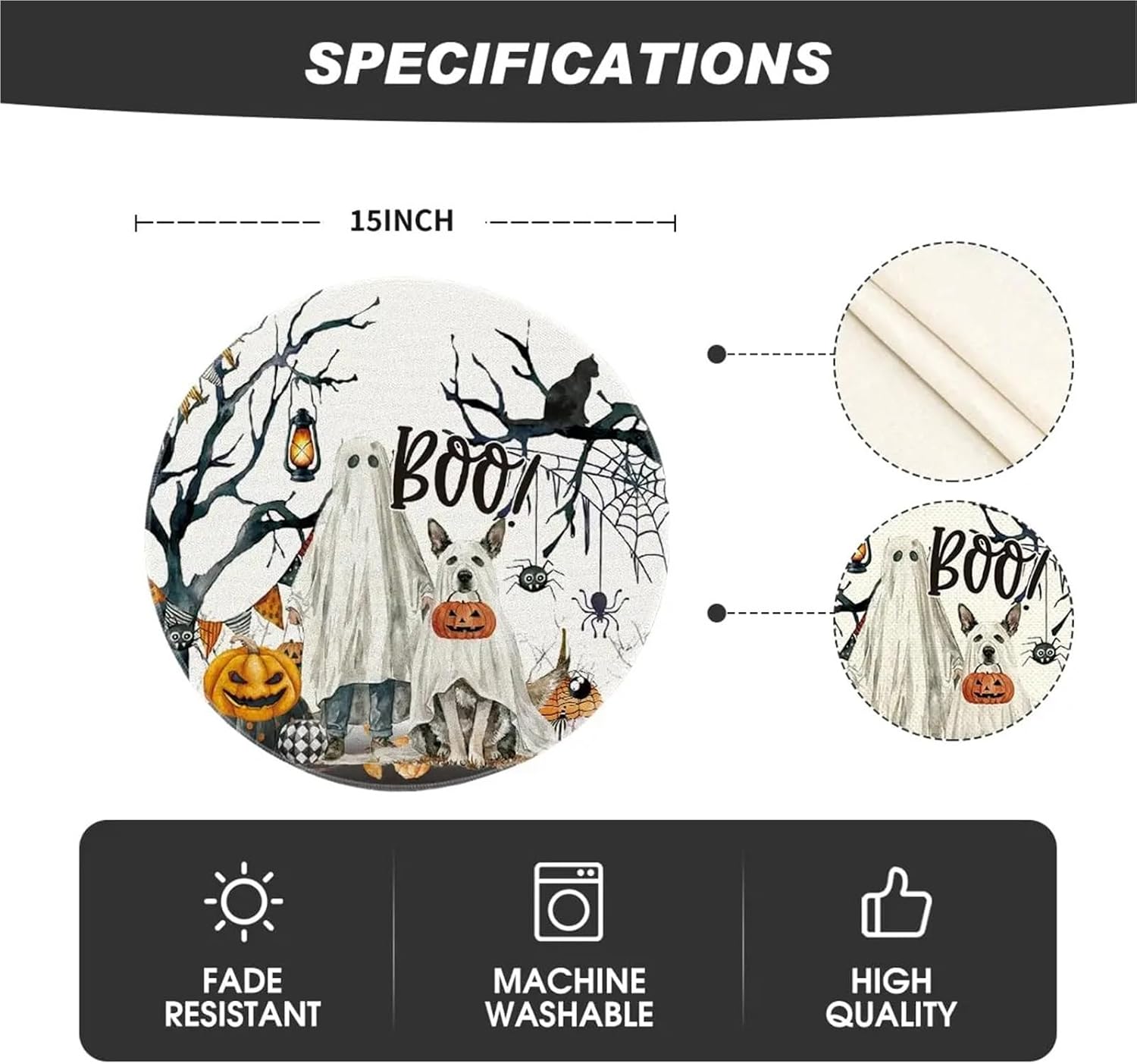 14 Inch Spider Dog Round Placemats, Ghost Pumpkins Halloween Table Mats for Party Kitchen Dining(4p,4PCS)