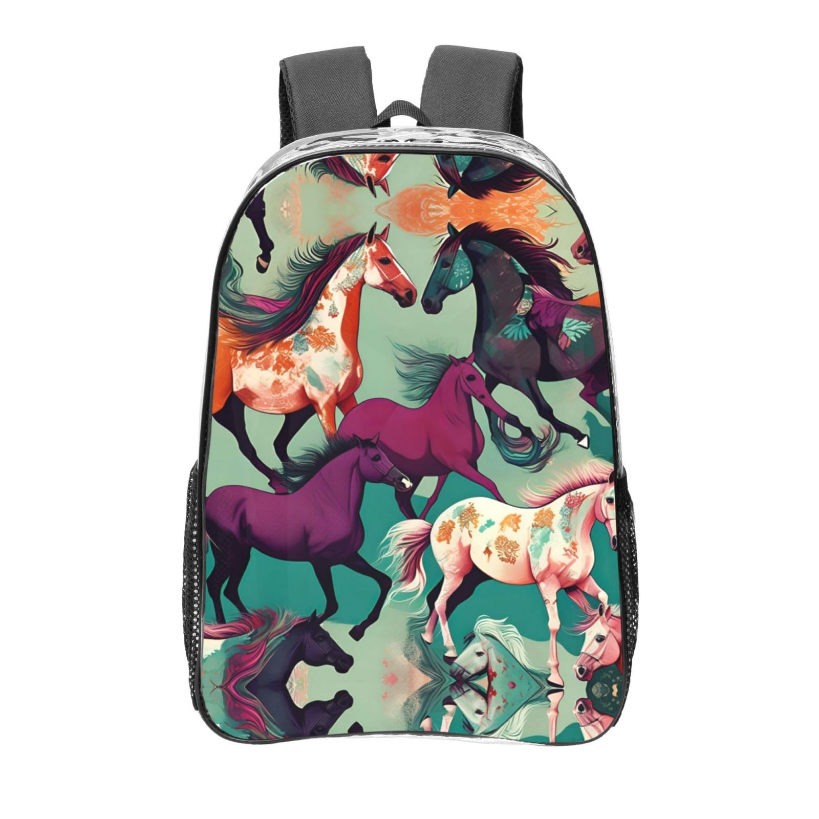 Sac à dos transparent imprimé chevaux avec compartiments de rangement noirs - 8
