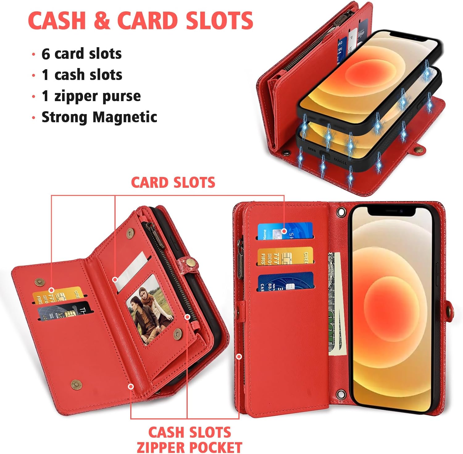 Asuwish Phone Case for iPhone 12 Mini 5.4 Zipper Wallet Detachable Cell Cover with Tempered Glass Screen Protector Lanyard Wrist Strap Flip Card Holder iPhone12mini 5G i 12s iPhone12 12mini Women Red