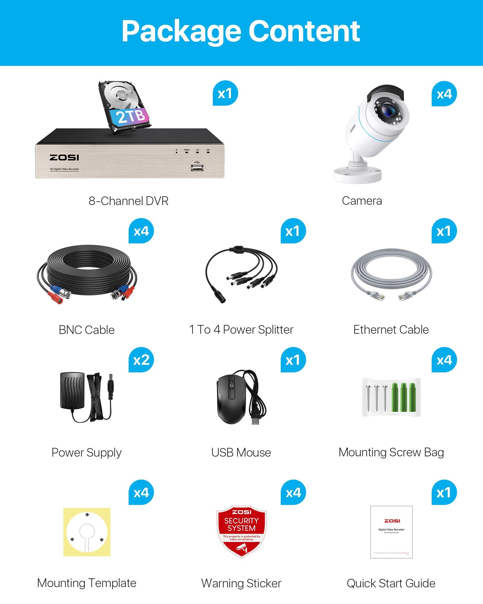 ZOSI 1080P Aussen Überwachungskamera Set mit Video Kabel, 8CH 2TB HDD DVR mit 4X 2MP Outdoor Bullet Kamera Überwachung CCTV System Kabelgebunden, 24/7 Videoaufzeichnung, 24m IR Nachtsicht