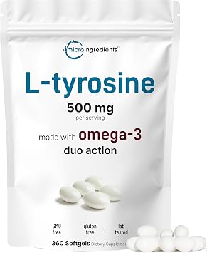 L Tyrosine Supplement 500mg with Omega-3, 360 Softgels | Duo Action Amino Acids + Omega from Flaxseed Oil 1,000mg with ALA | Heart and Mood Support | Brain Supplements for Memory and Focus | Non-GMO