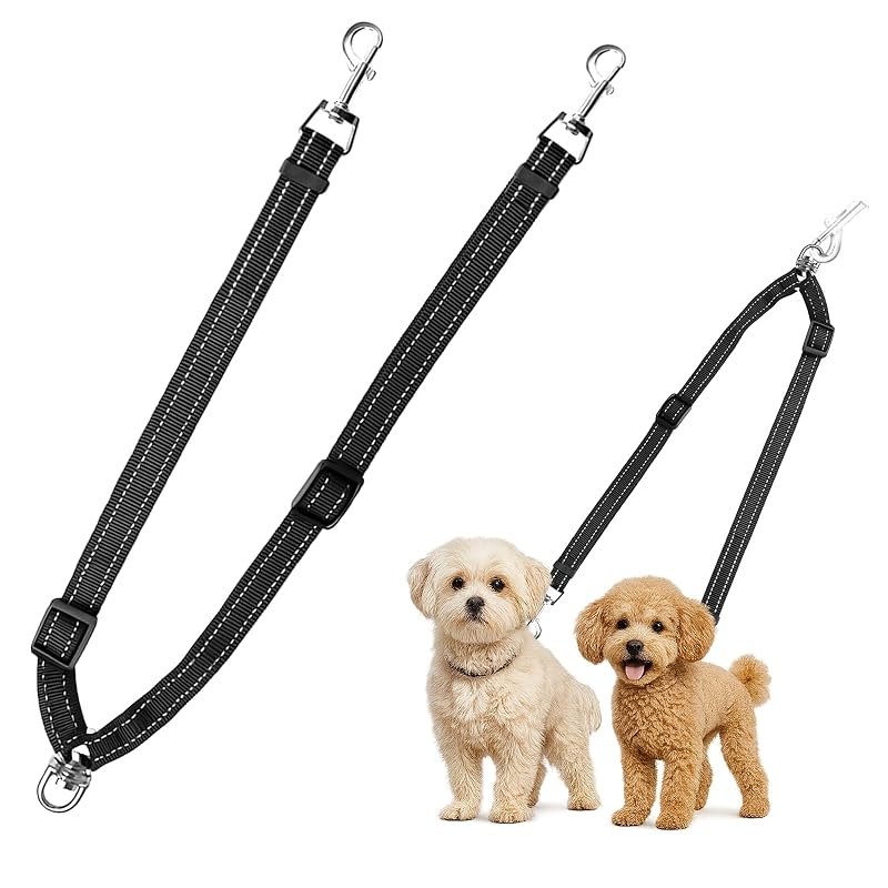 Guia Dupla para Cães em Nylon com Giro 360° e Costura Refletiva MingXpets Small Black