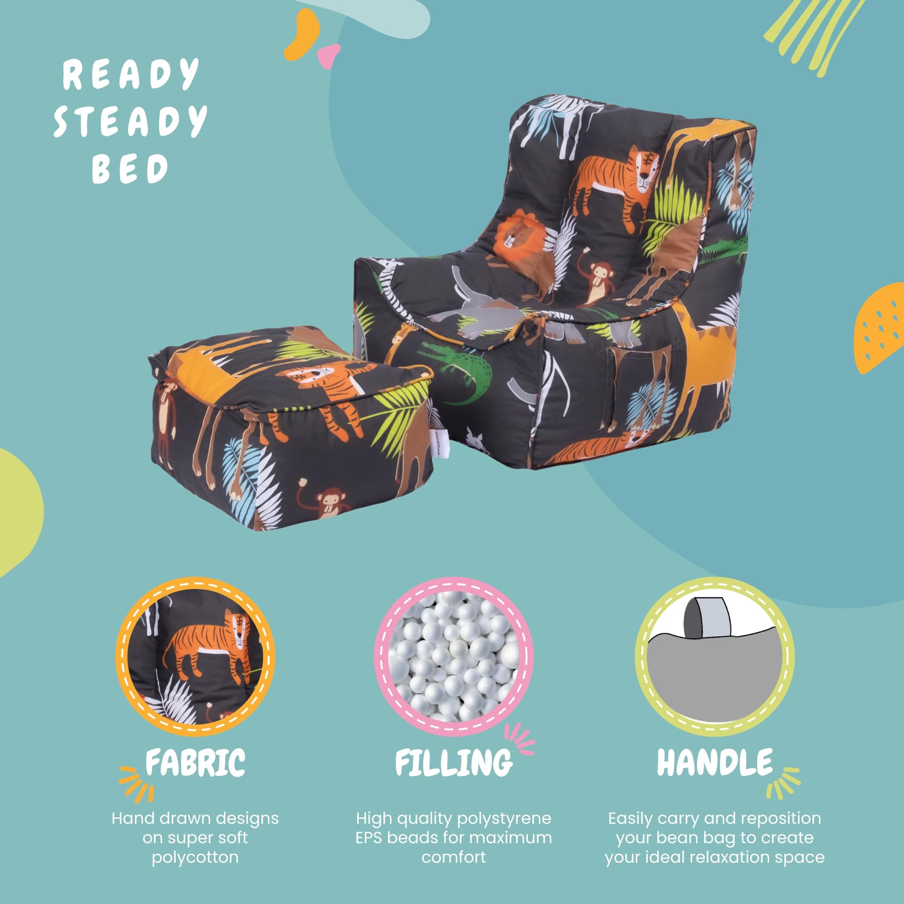 Ready Steady Bed Poltrona a sacco per bambini, con poggiapiedi, poltrona morbida, comoda e sicura per la stanza dei giochi, design ergonomico, mobile comodo per bambini (Africa)