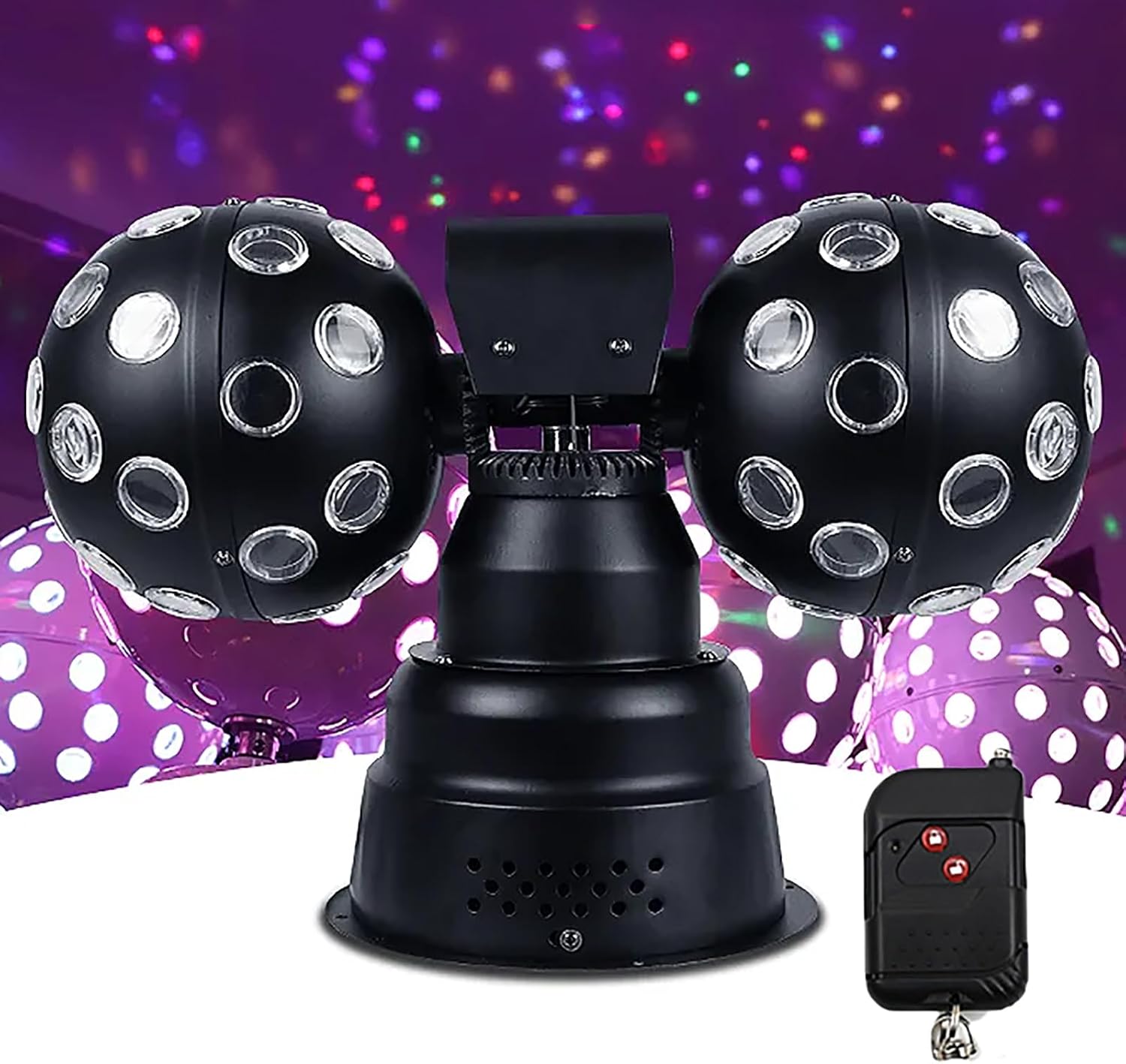 Double Ball Disco Party Light, LED Stage Strobe Light Sound Activated, 9 Colors and Dual Ball 360° Rotatable, Mirror Design and Soild Base, Remote Control Adjustment, for Stage Performance