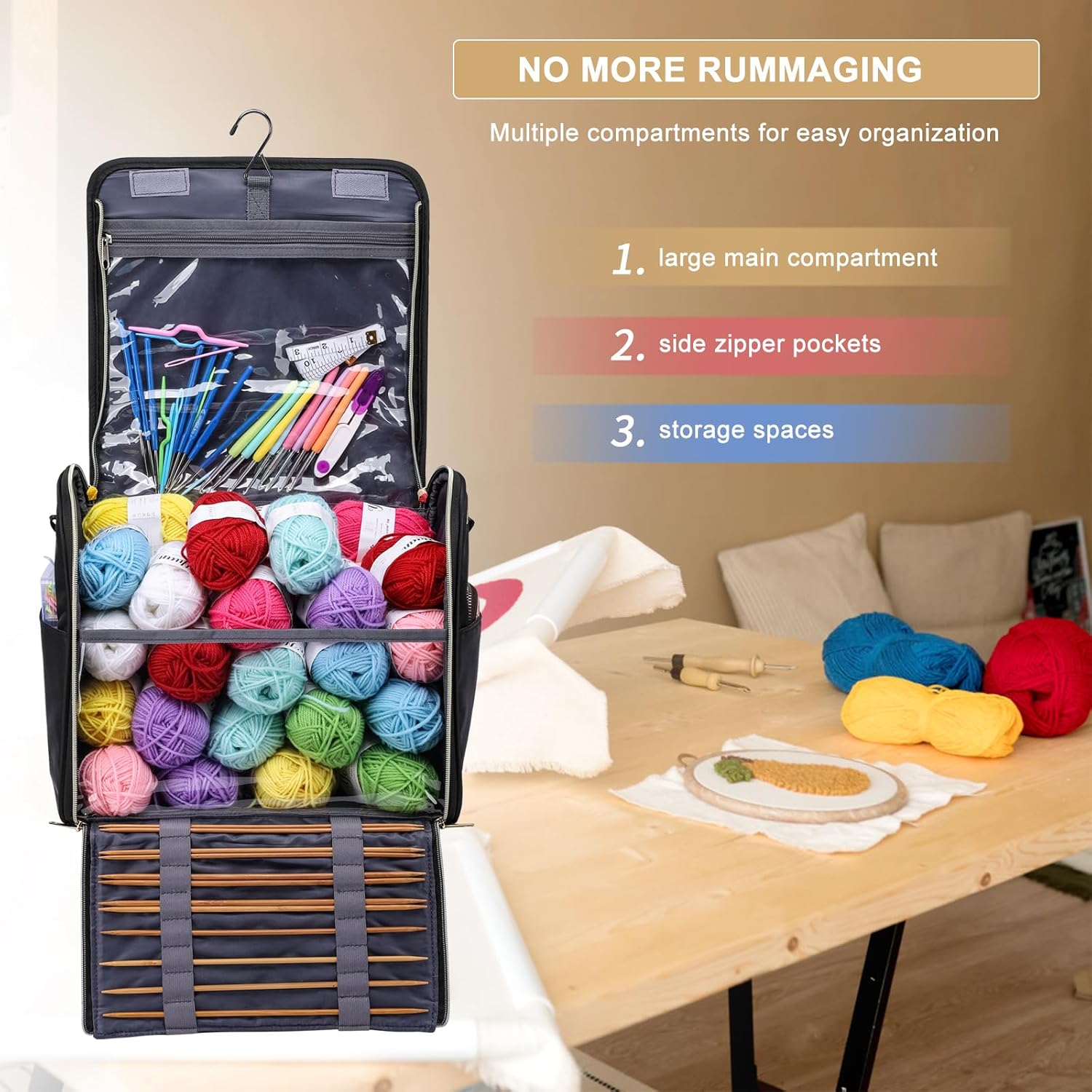 Crochet Bag with Hanging Hook - Portable Yarn Storage Bag, Large Capacity Door Room Essentials Travel Organizer for Crochet Hooks, Crochet Accessories, Black