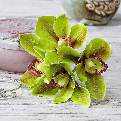Miniatura 4 de Orquídeas artificiales Cymbidium - Orquídeas artificiales, 12 racimos de flores artificiales para exteriores, arbustos verdes, plantas para