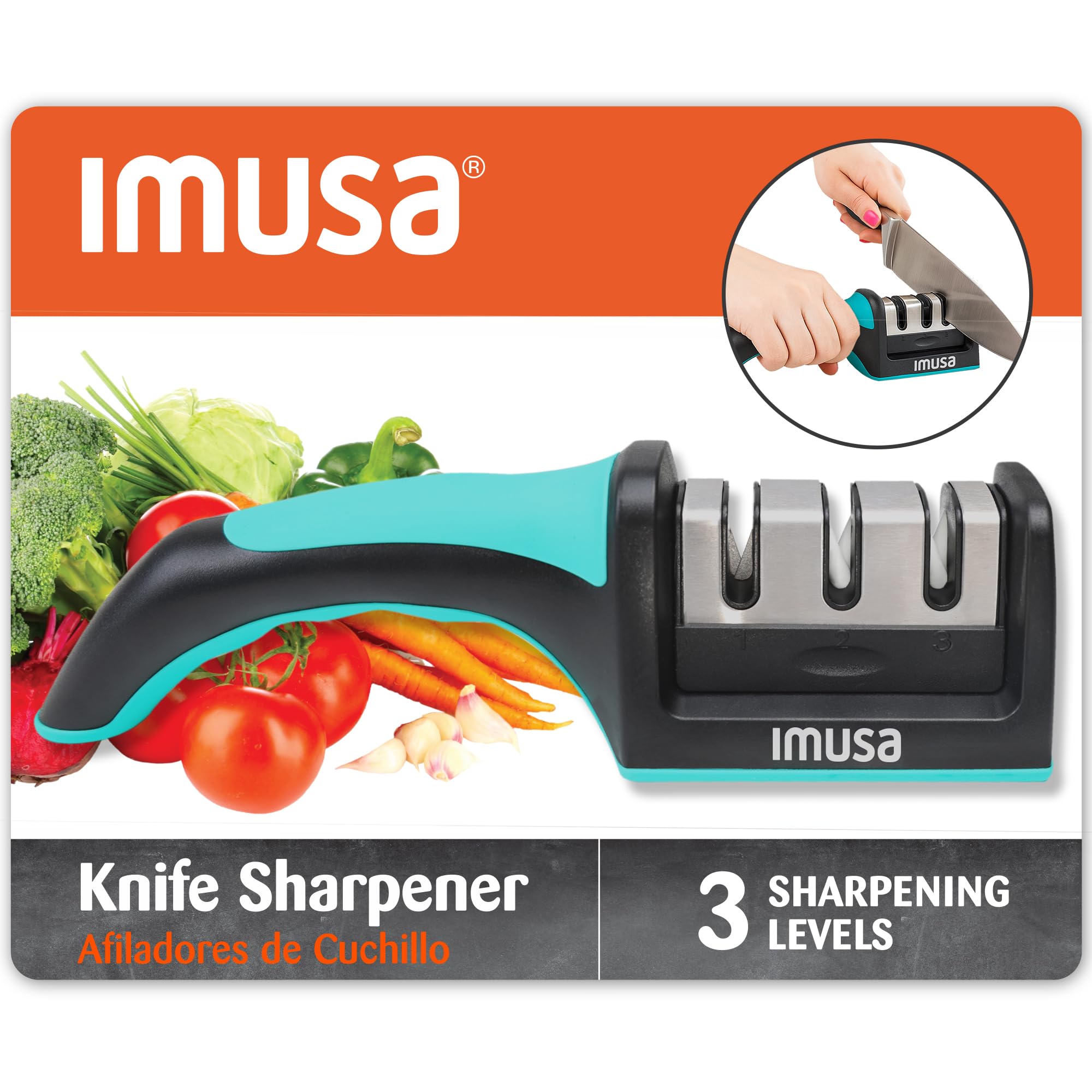 IMUSA Kitchen Knife Sharpener, Manual, Coarse to Fine, Non-Slip Base