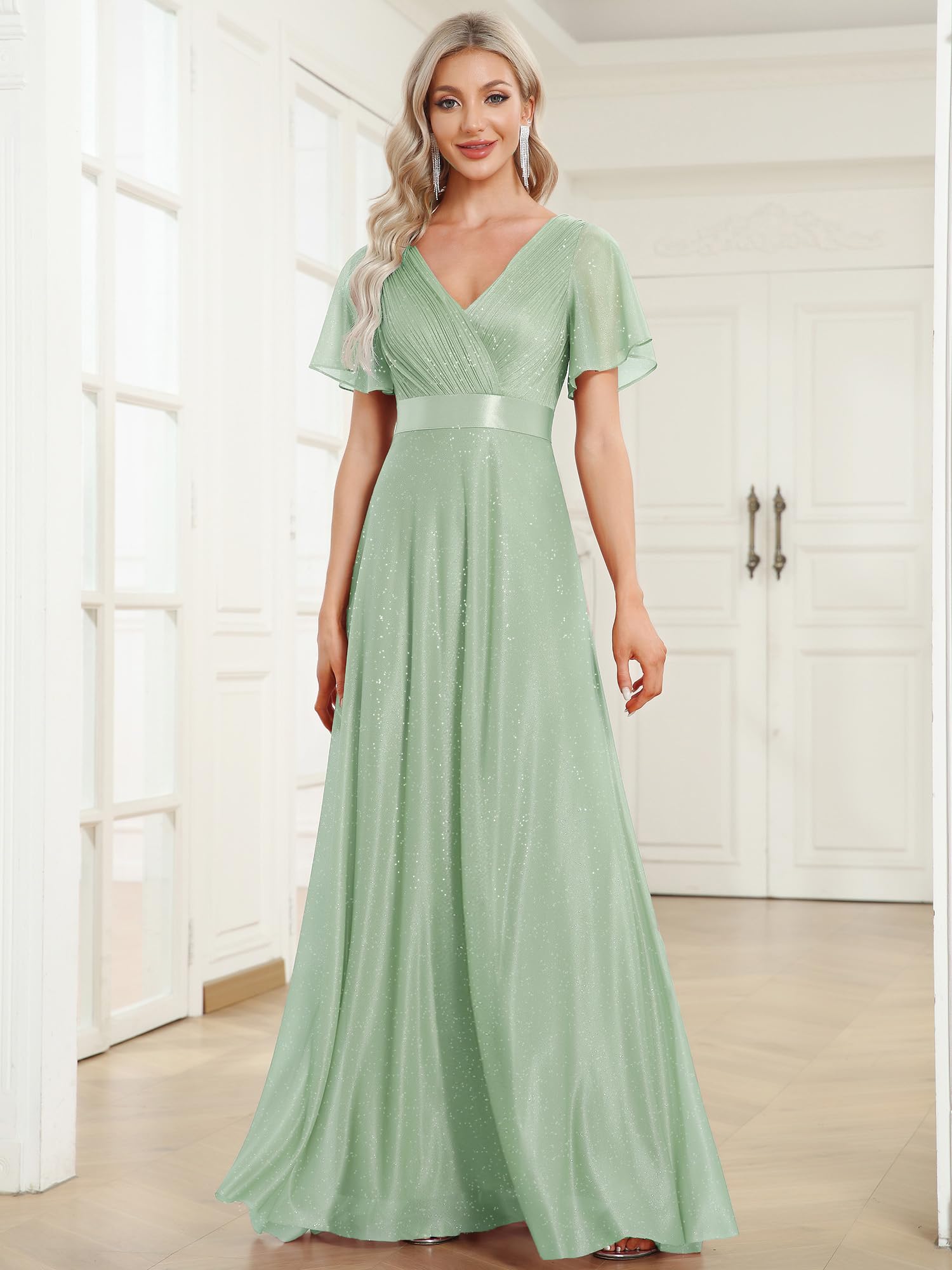 Ever-Pretty Damen Funkelnde Rüschen Ärmel Tiefer V-Ausschnitt Empire Taille A-Linie Brautjungfernkleid EE50159