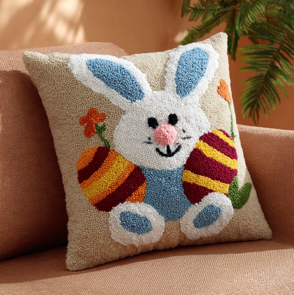 WallustrioaW Latch Hook Pillowcase Cushion Kits,Animal Rabbit,Latch Hook kit Cushion Throw Pillow Embroidery Craft for Beginner Hobby & Craft,17x17in