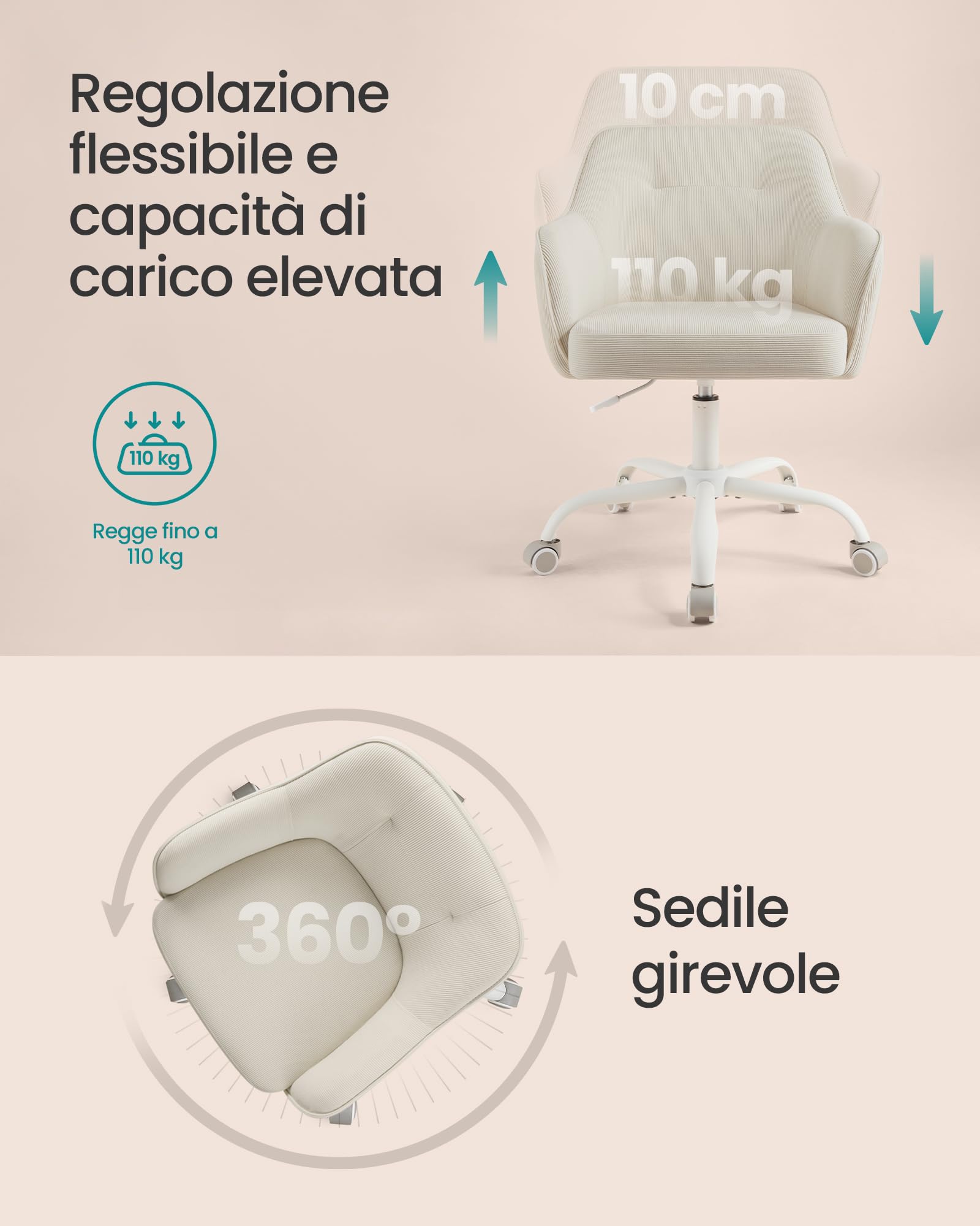 SONGMICS Sedia da Ufficio, Sedia Girevole, Regolabile in Altezza, Portante 110 kg, Struttura Acciaio, Tessuto di Velluto a Coste, Studio, Camera da Letto, Beige Sabbia OBG019LZ01