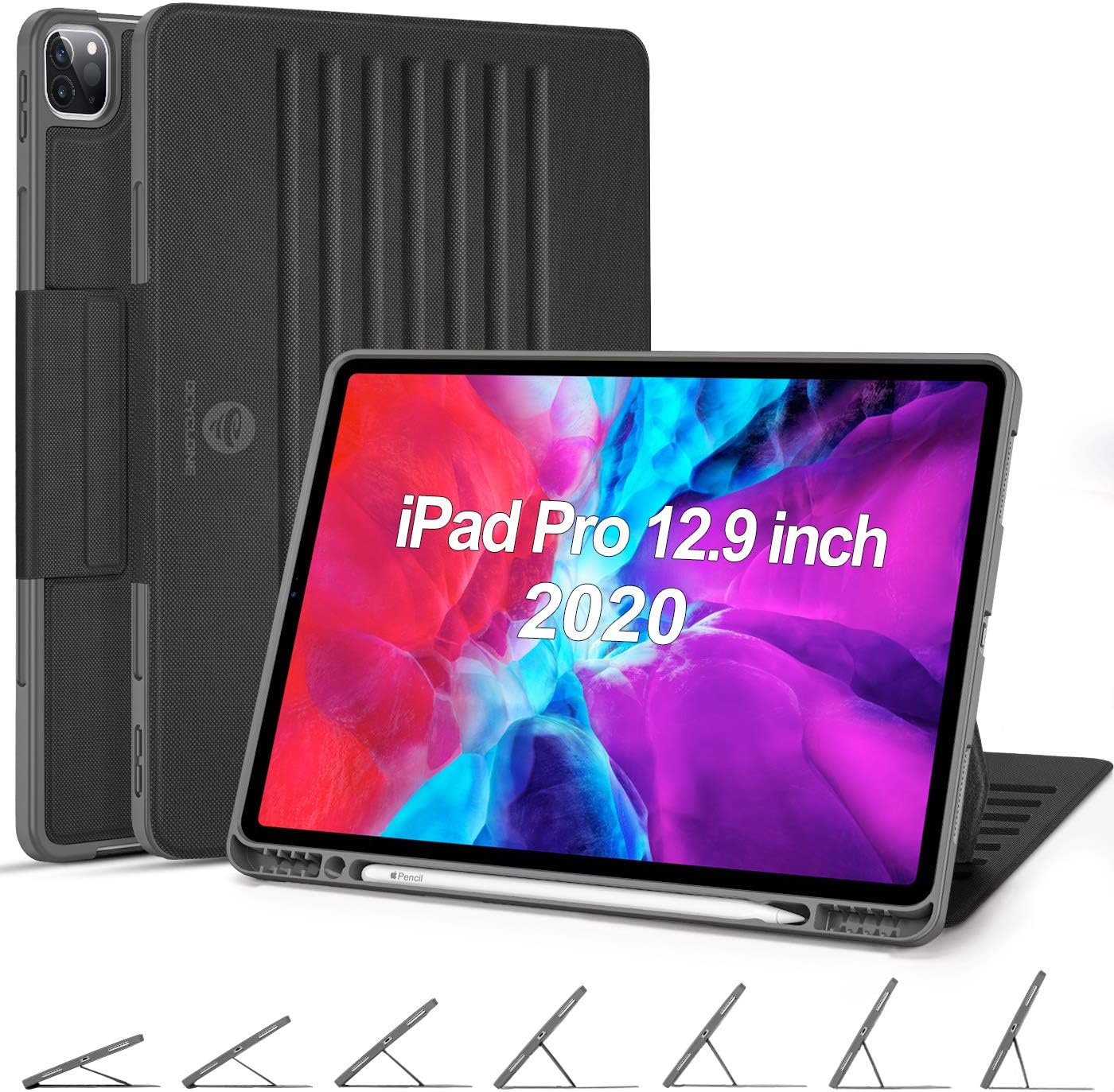 OCYCLONE iPad Pro 12.9 Case 2020/2018, 7 Viewing Angles Magnetic Stand + Pencil Holder Support 2nd Gen Pencil Charging + Auto Wake/Sleep Protective Case for iPad Pro 12.9 inch 4th / 3rd Gen - Black