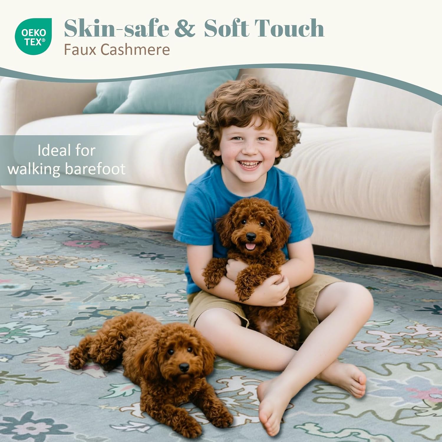 Oushak 3x5 Entryway Rugs, Boho Non Slip Vintage Floral Area Rug, Scalloped Low Pile Washable Accent Blue Carpet for Door Mat Indoor Entrance Kitchen Bedroom Beside