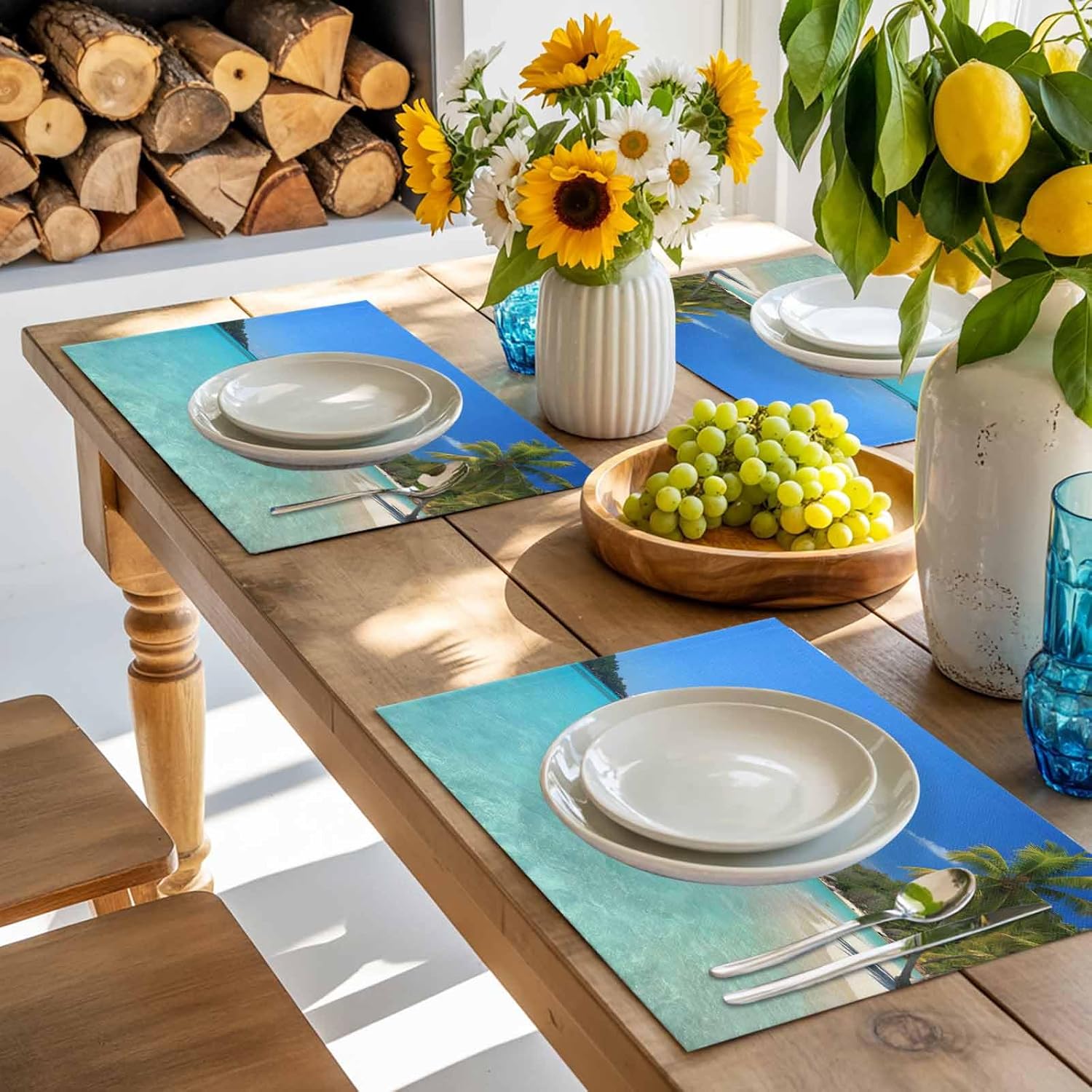 Placemats for Dining Table Set of 6 Image of a Sunny Day in a Tropical Island with Palm Trees and Ocean Table Mats for Home Kitchen Restaurant Independence Day Party Decoration,Washable