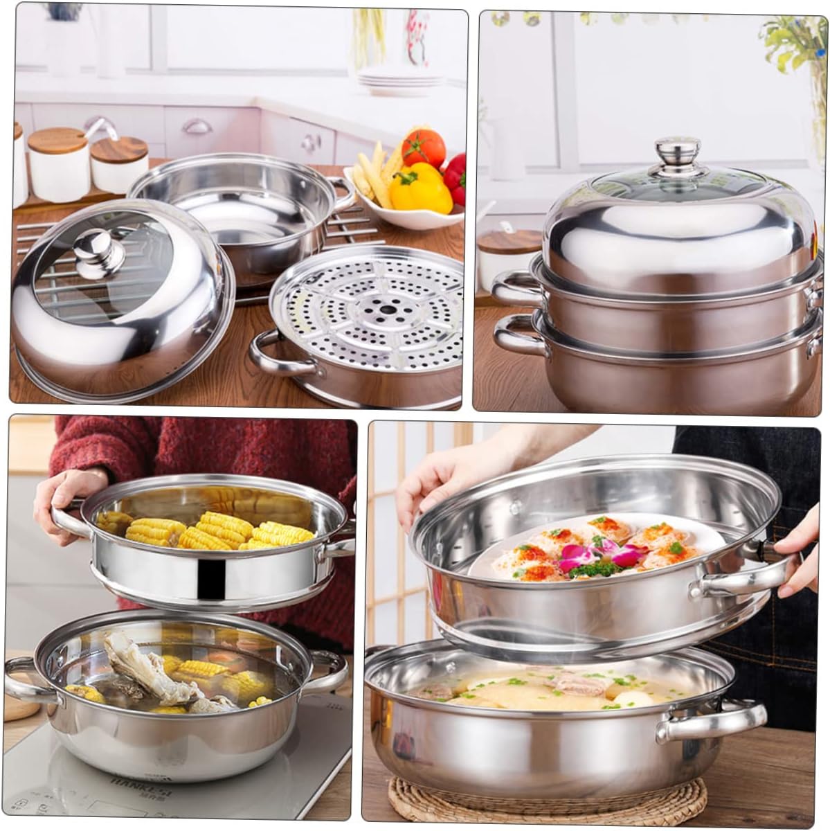 Stainless Steel Steamer Pot Clad Stock Pot Steaming Cookware Kitchen Tool Style