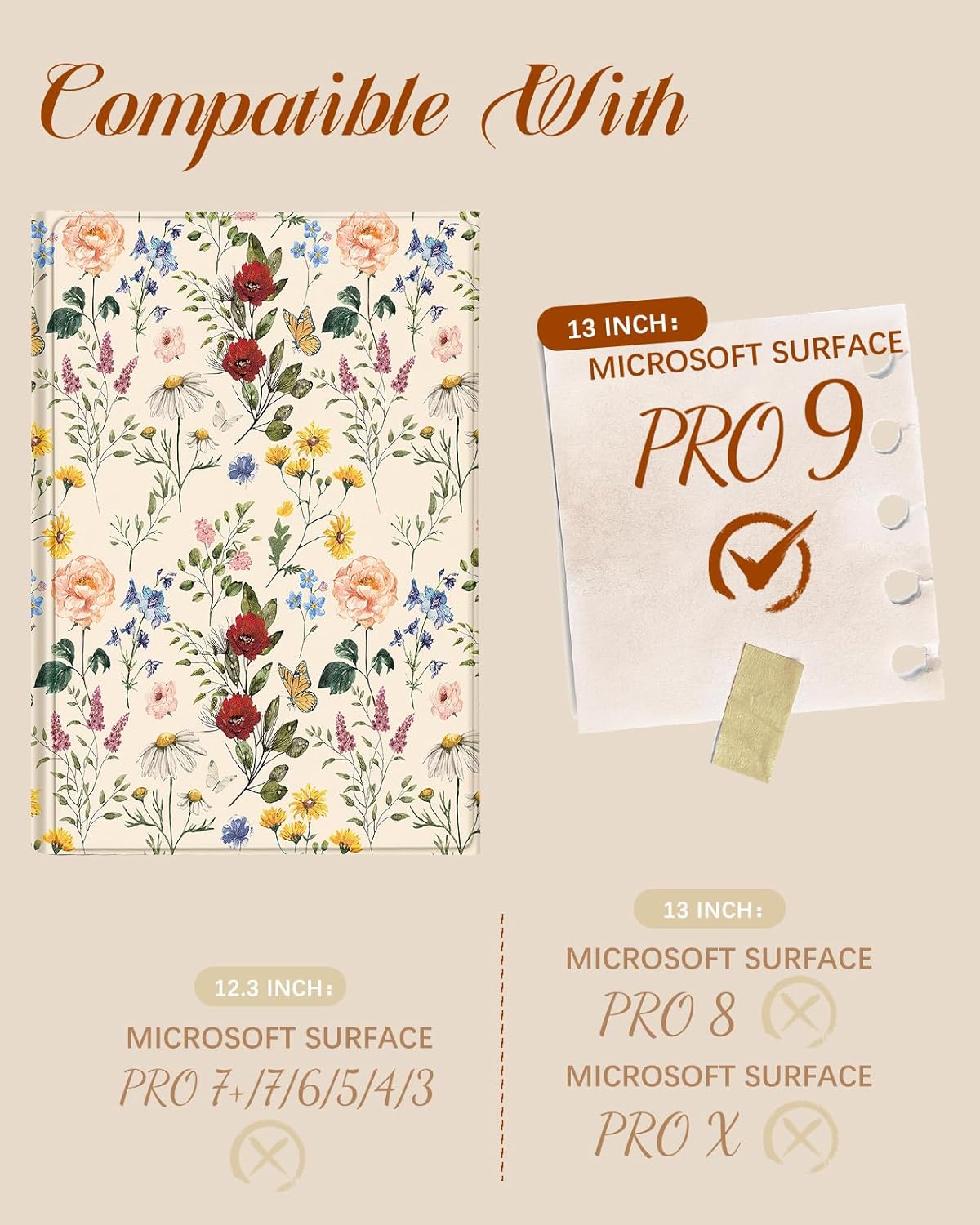 Wazzasoft for Microsoft Surface Pro 9 Case 13 Inch 2022 for Women Cute Girls Folio Cover Flower Floral Luxury Protection Compatible with Type Cover Keyboard for Windows Surface Pro 9 Case 13" Tablet