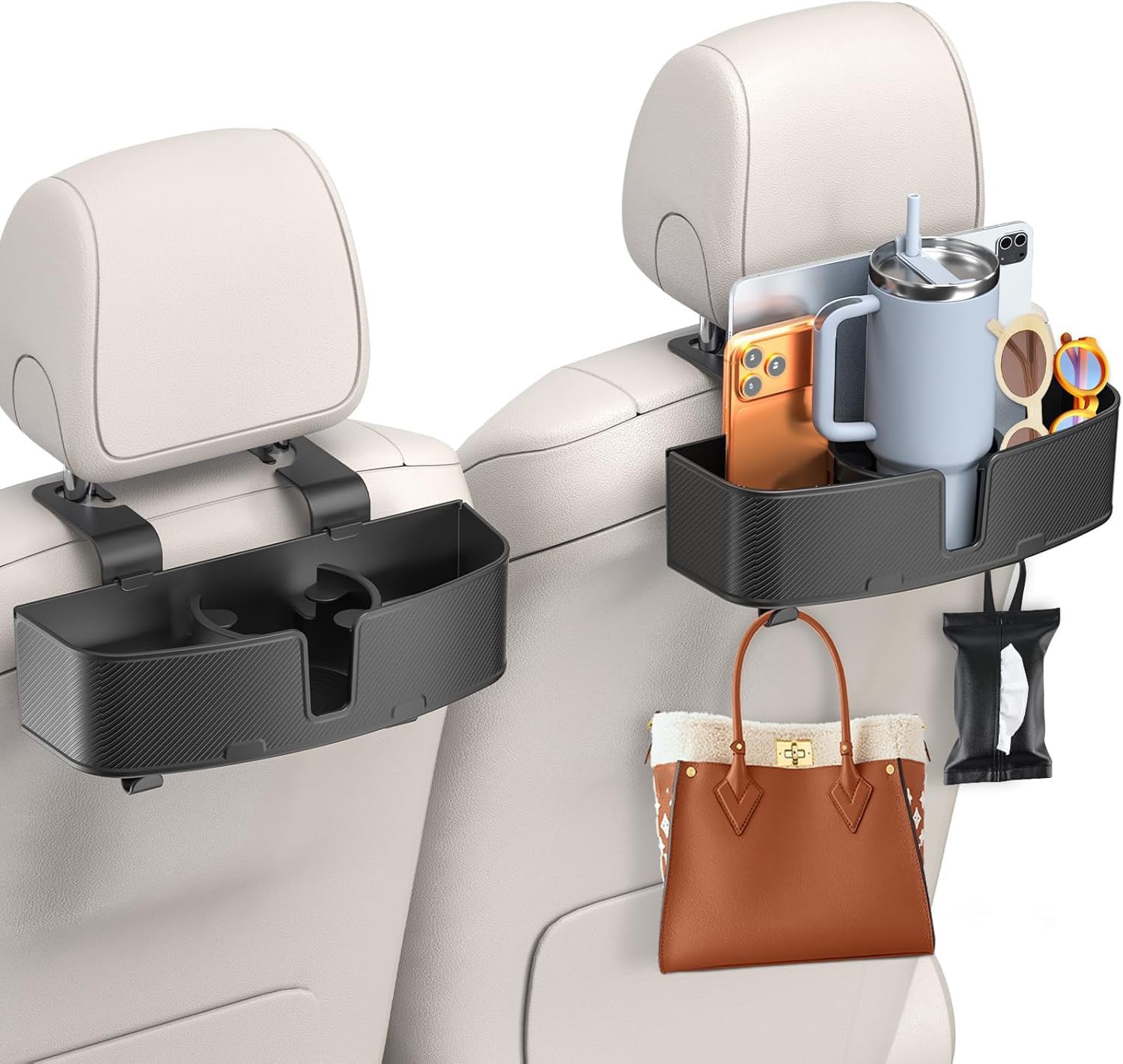MAGJIEYX Auto Rücksitz Organizer, Multifunktionale Kopfstütze Becherhalter mit starken Haken für Kinder, Passagiere auf der Rücksitzbank, Reise Zubehör 2 Pack