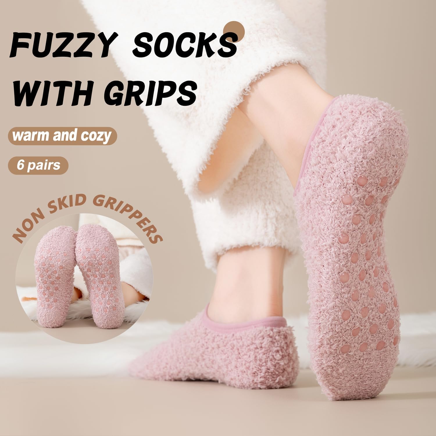 jeuhut Fuzzy Socks with Grips for Women 6 Pairs Non Slip Grippy Footies Slipper Socks for House and Hospital - Image 3
