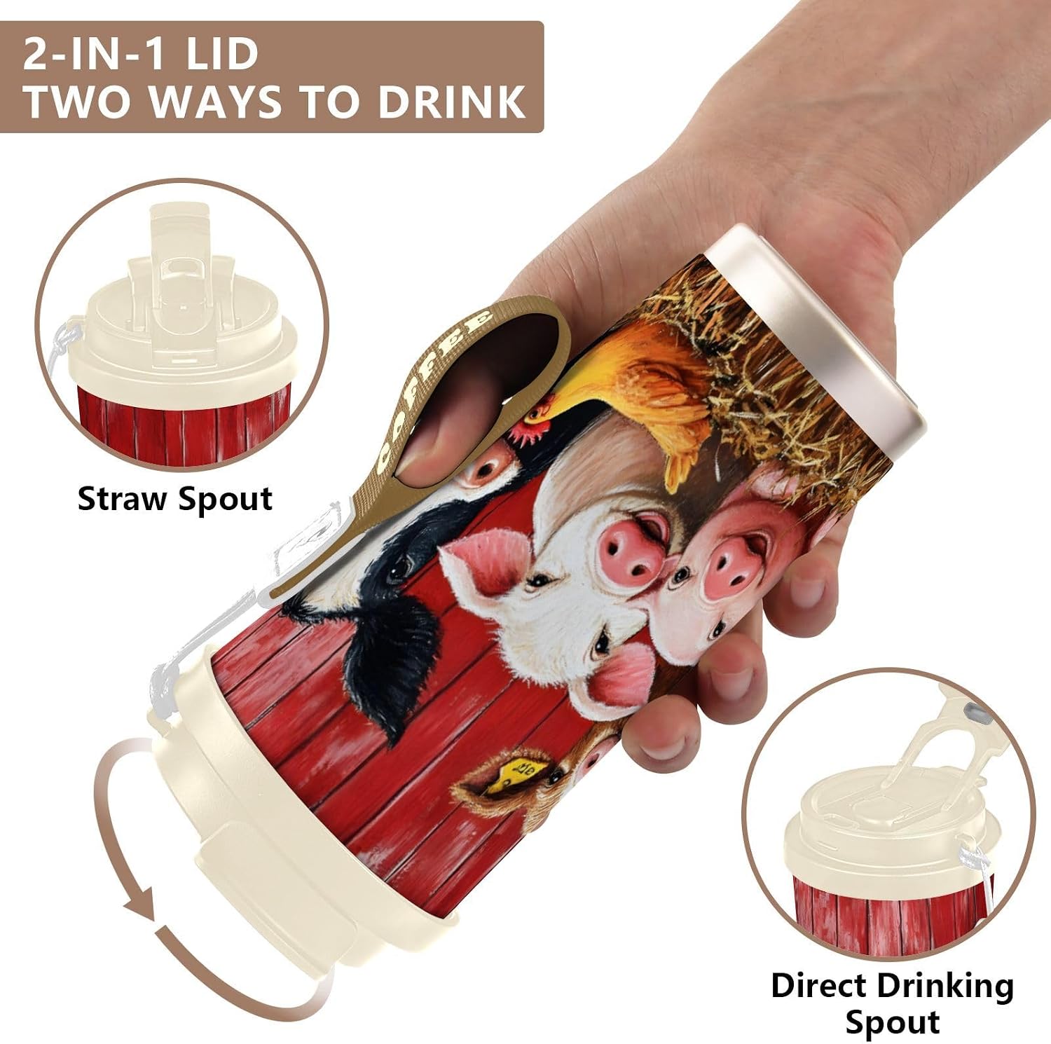Animal Farm Board Insulated Coffee Mug with Straw & Flip Lid, 16.9oz Iced Tumbler Cup, Double Wall Vacuum Leak-Proof Mug for Travel Office