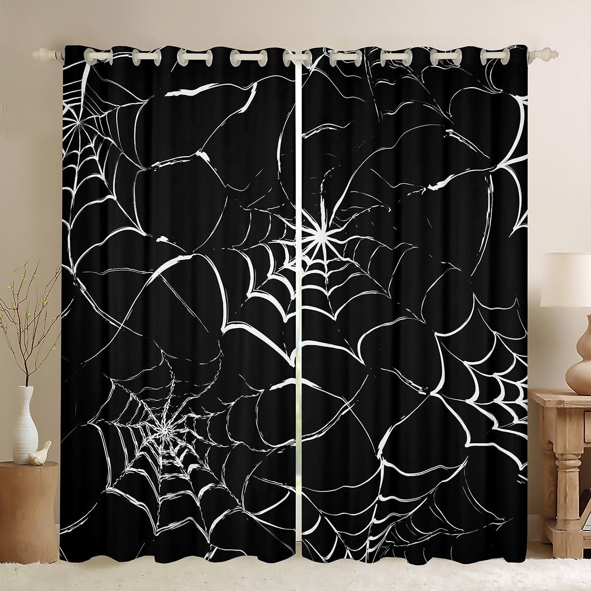 Feelyou Spider Web Darkening Drapes Kids Lines Curtains for Bedroom Living Room Halloween Theme 30%-50% Blackout Curtains for Women Men Lightweight Black and White Window Treatments s