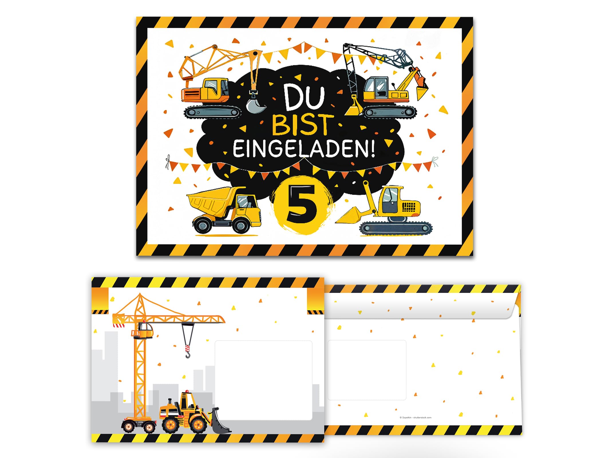 Junaversum 12 Einladungskarten inkl. 12 Umschläge zum 5. Kindergeburtstag Bagger Baustelle Kinder Jungen coole bunte Einladungen fünfte Geburtstag Geburtstagseinladungen Kids