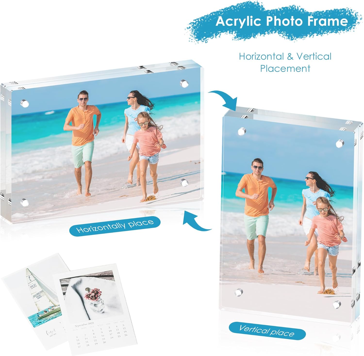 5x7 Acrylic Picture Frame Set of 3, 20mm Thick, Double-Sided Transparent Magnetic Frameless Photo Frame, Desktop Freestanding Display for Office or Home Decor