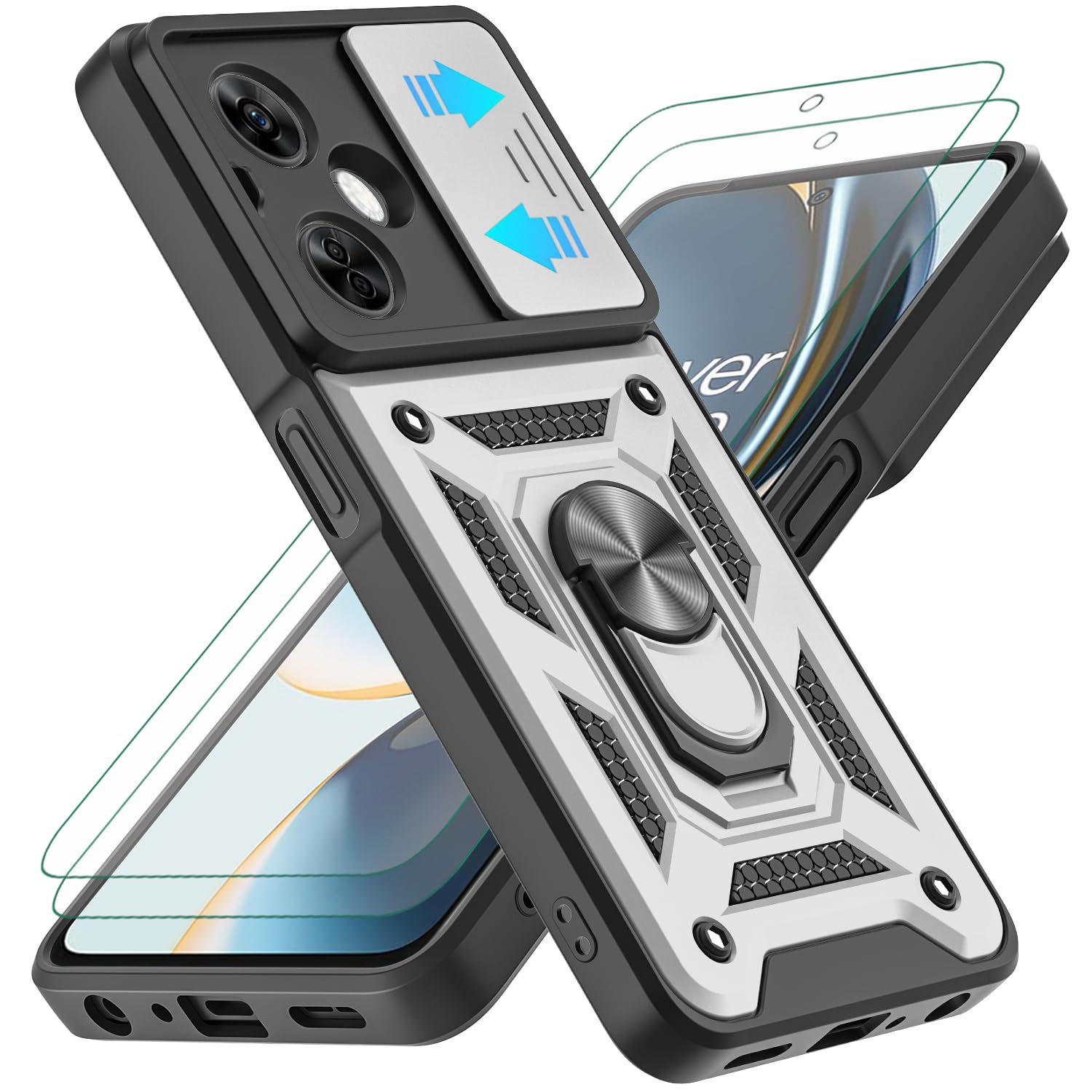 YKHJKLEC for OnePlus Nord N30 5G Case with 2Pcs HD Screen Protector, Heavy Duty Shockproof with 360 ° Rotation Metal Kickstand [Military Grade]