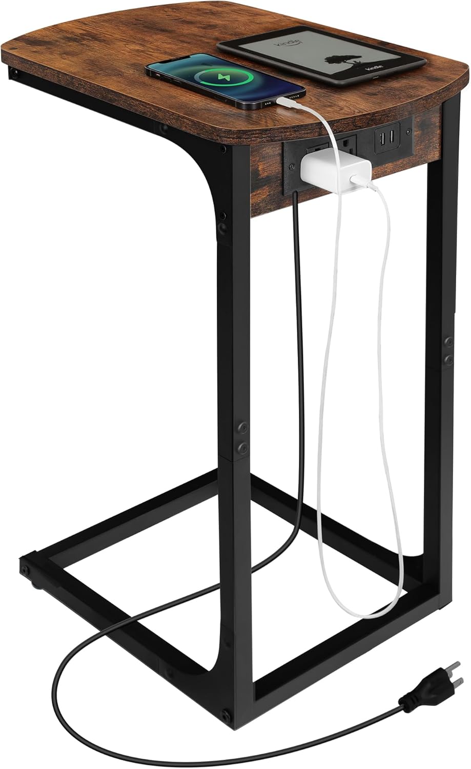 Hzuaneri L Shaped End Table with Charging Station, Bed Side