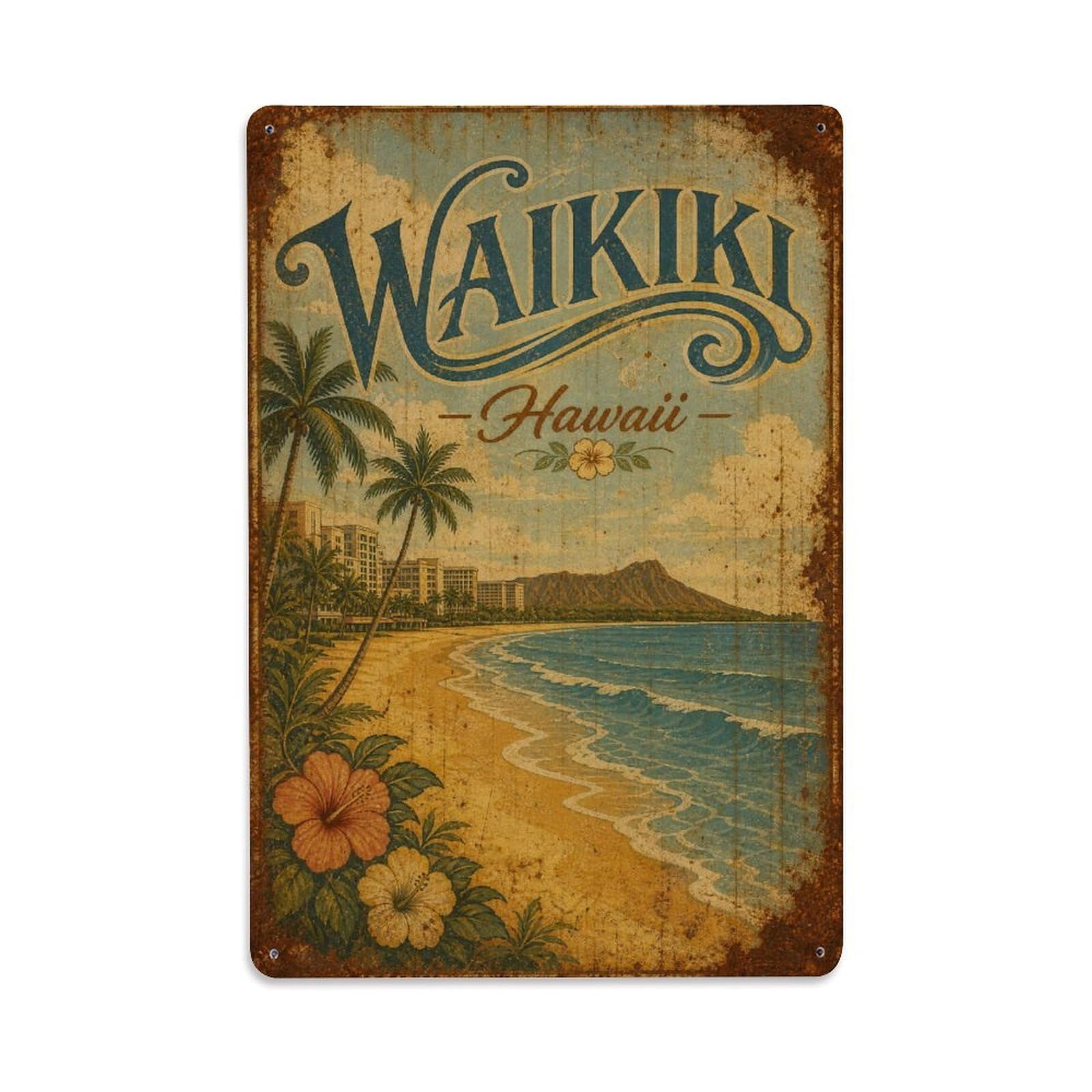 Waikiki Hawaii Island Coastal Shore Travel Retro Metal Tin Sign
