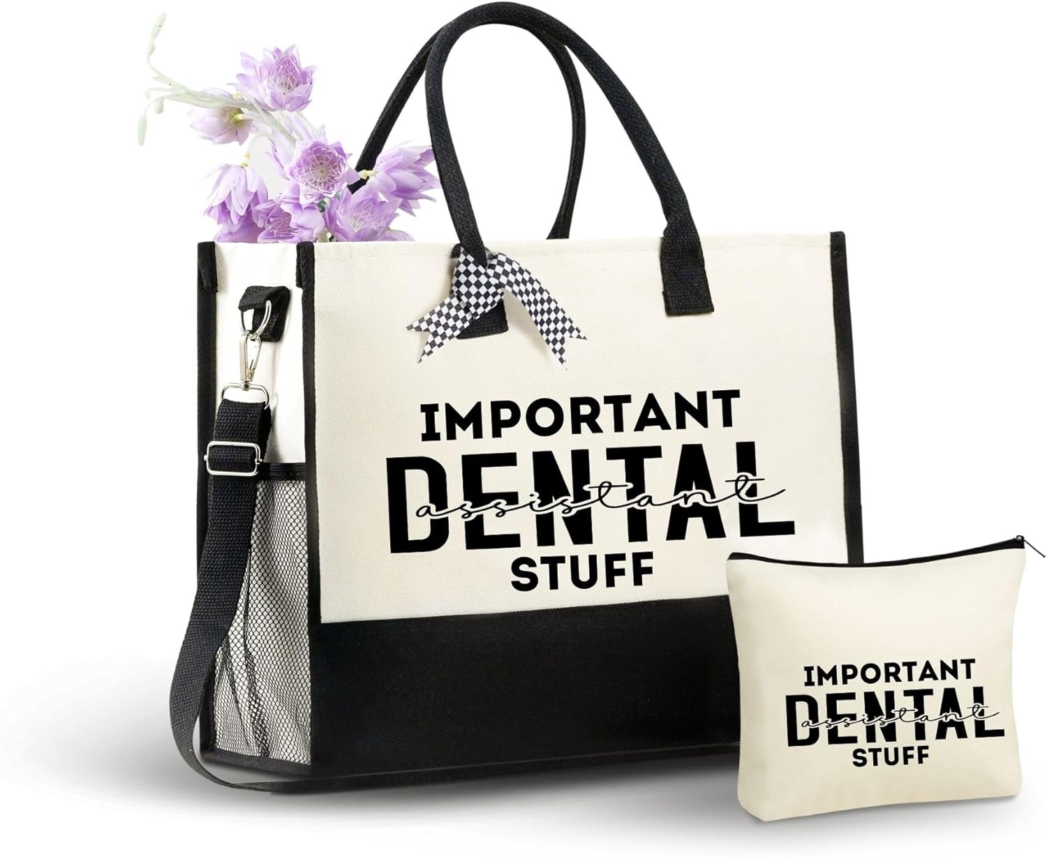 InnoBeta Dental Assistant Canvas Tote Bag, Large Beige Letter Print Tote with Top Zipper Closure and Adjustable Shoulder Strap for Women Dental Assistants