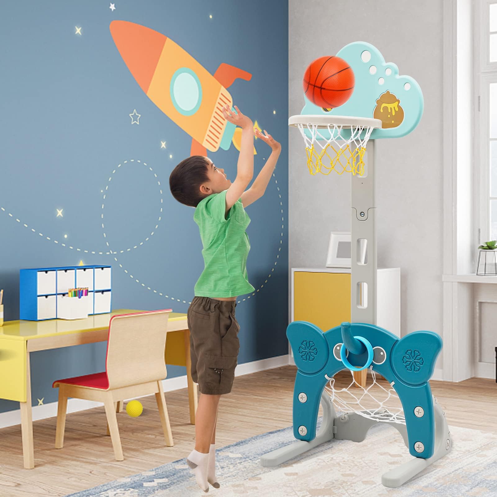 Centro Deportivo 4 en 1 para Niños|Baloncesto | Fútbol | Lanzamiento del Anillo | Golf | Actividad para Niños pequeños|Canastas Baloncesto Infantiles Exterior Interior Altura Ajustable