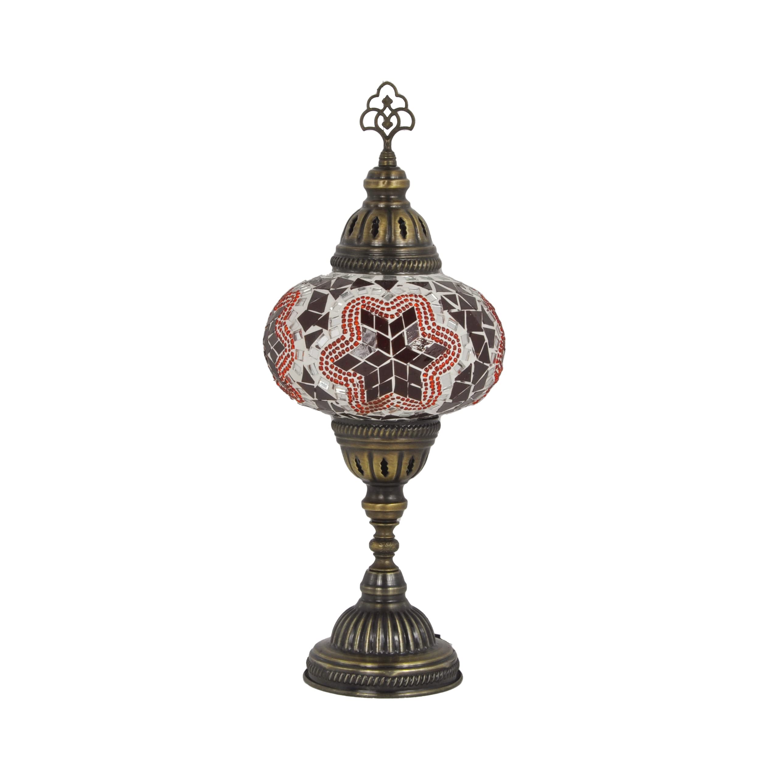 MOSLAND HOME 10 Variation Turkish Lamp Mosaic Table Lamps | Turkish Moroccan Lamp with Bronze Base | Handmade Tiffany Night Lamp | Mosaic Glass Bedside Night Lamp with Led Bulb (Red)