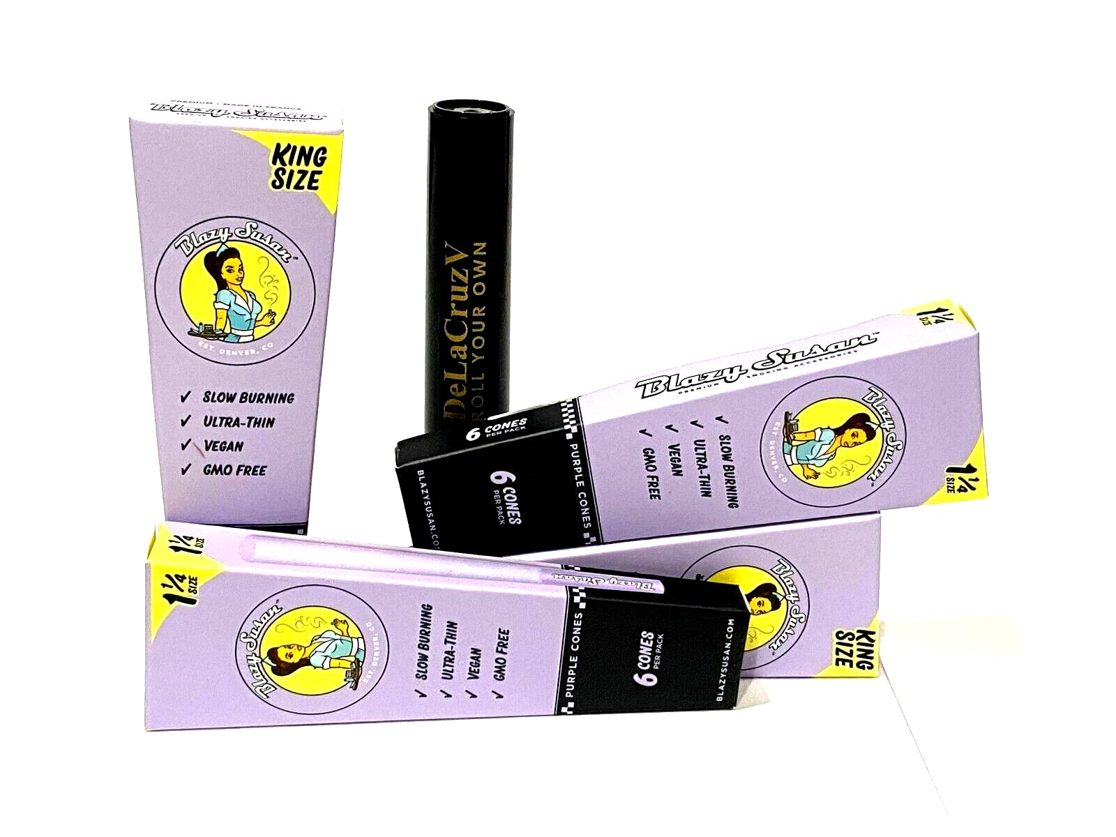 Blazy SusanPre-rolled Purple cones-Mix Bundle-2 pack of King Sise and 2 pack of 1 1/4 Purple Cones and tube.